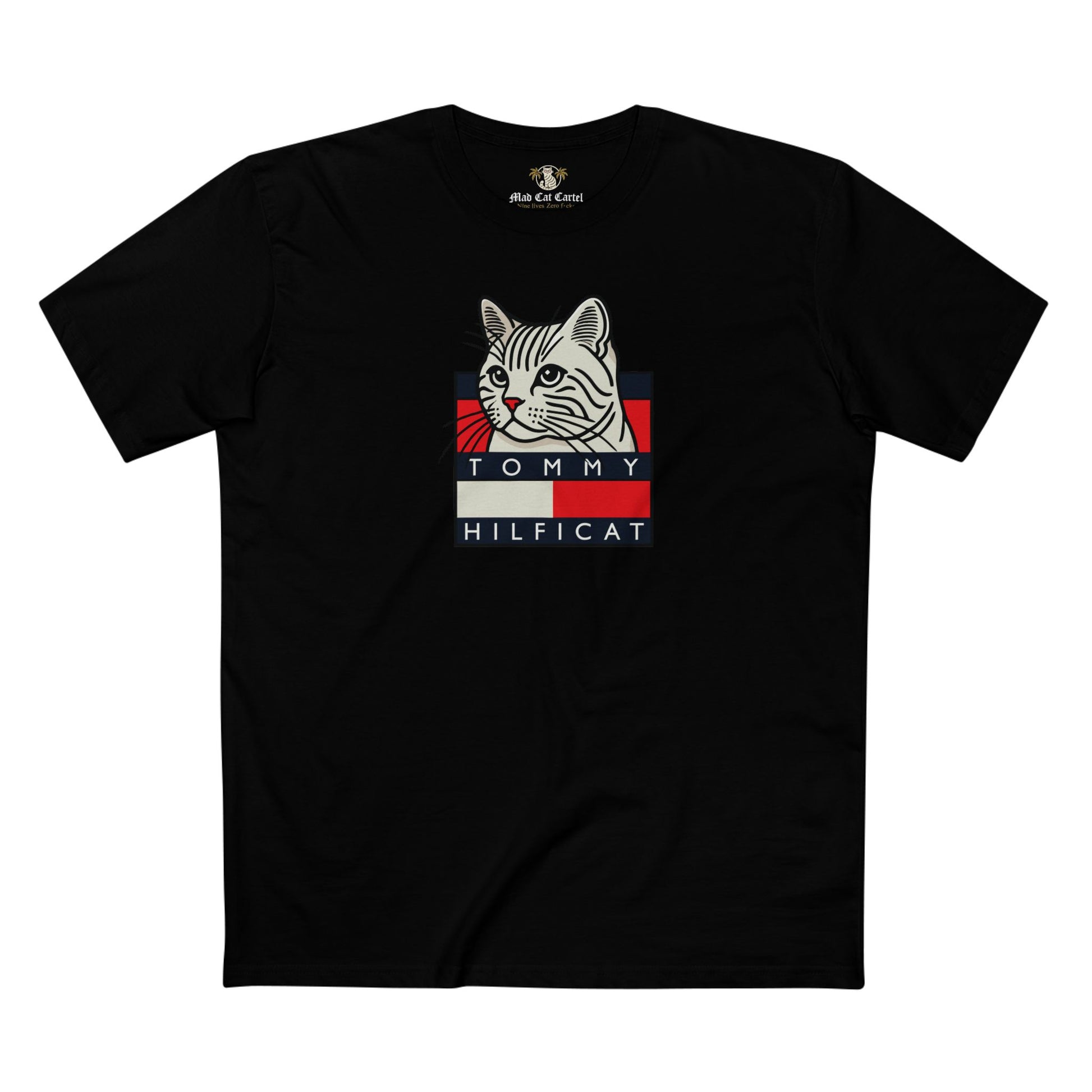 Tommy Hilficat Box Logo Cat Identity T Shirt in Black, cat shirts for guys