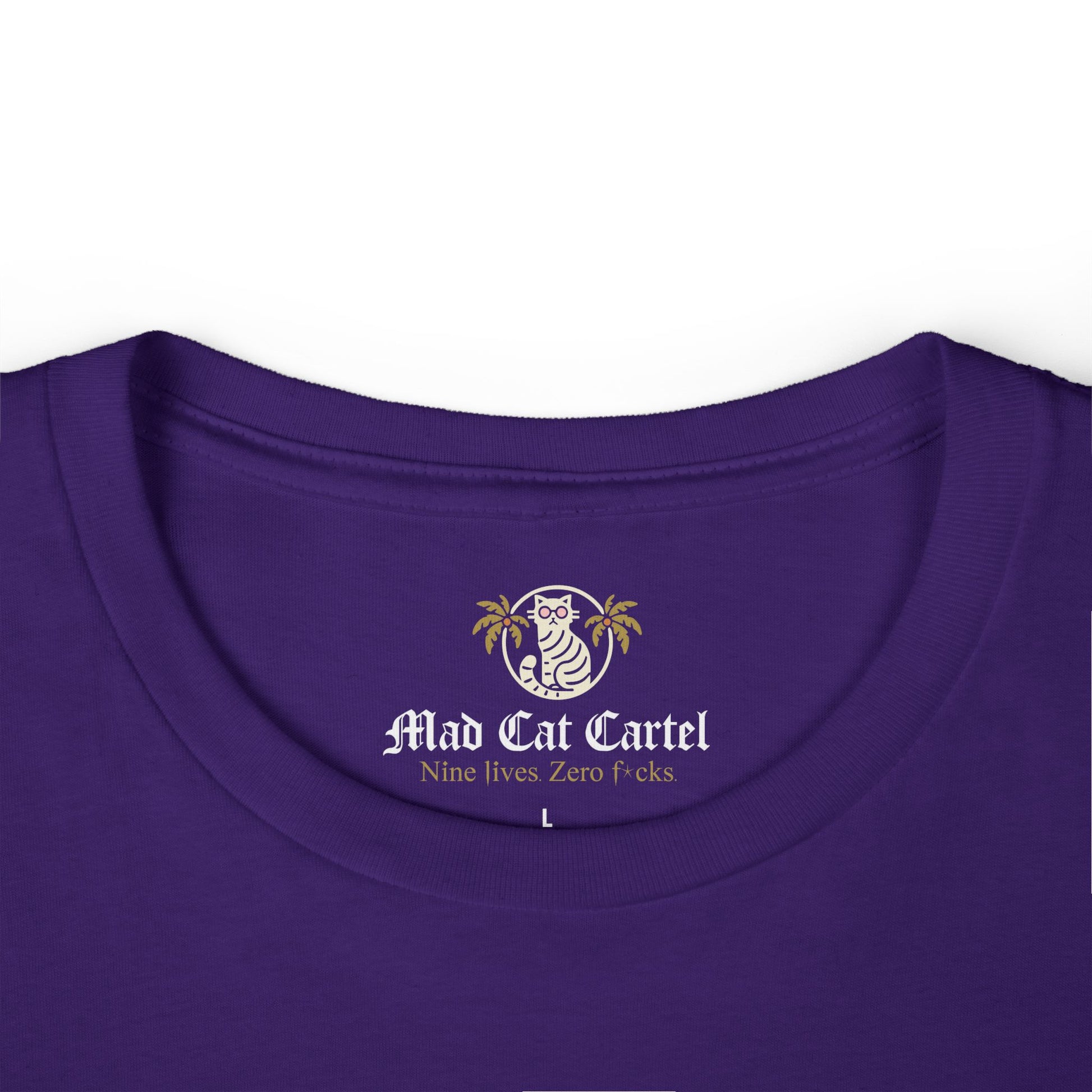 Team Purple cat lady t shirt folded neckline close-up