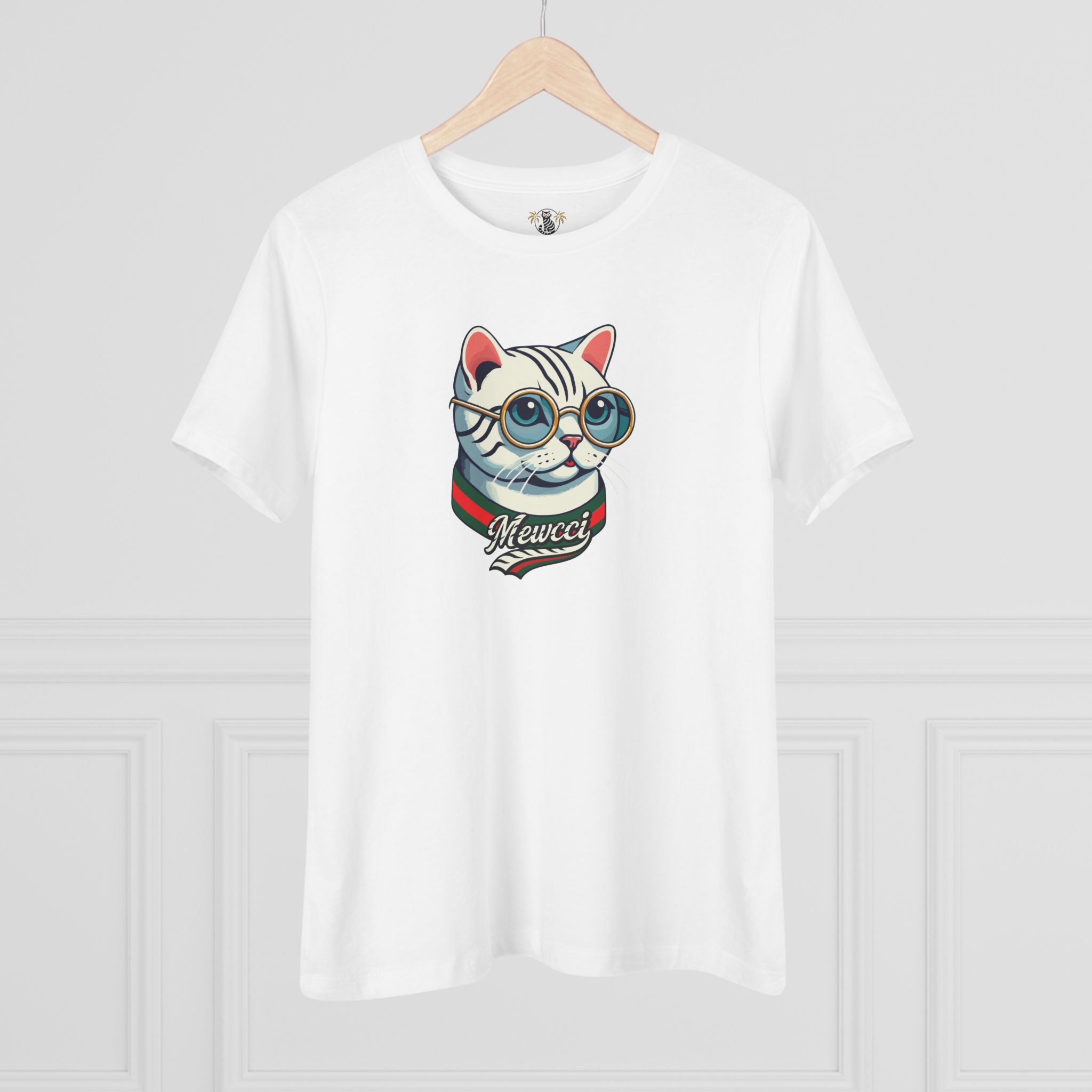 White women's t shirt cat tee shirt front hanger view