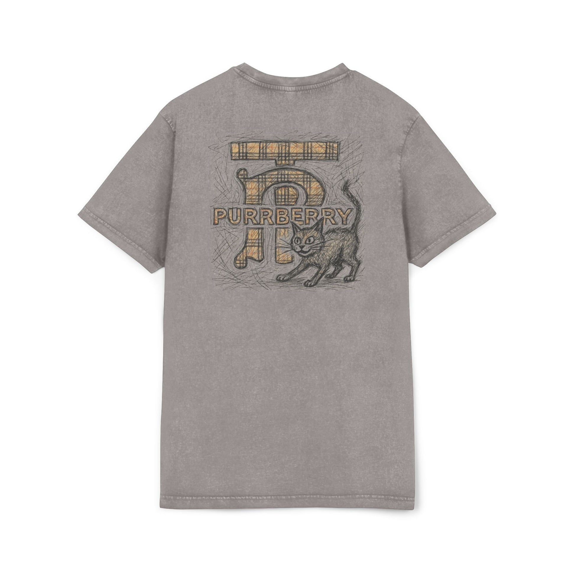 Back view of Purrberry Heritage Sketch Logo asphalt gray Acid Washed Cat Graphic T Shirt, cat print tee shirts