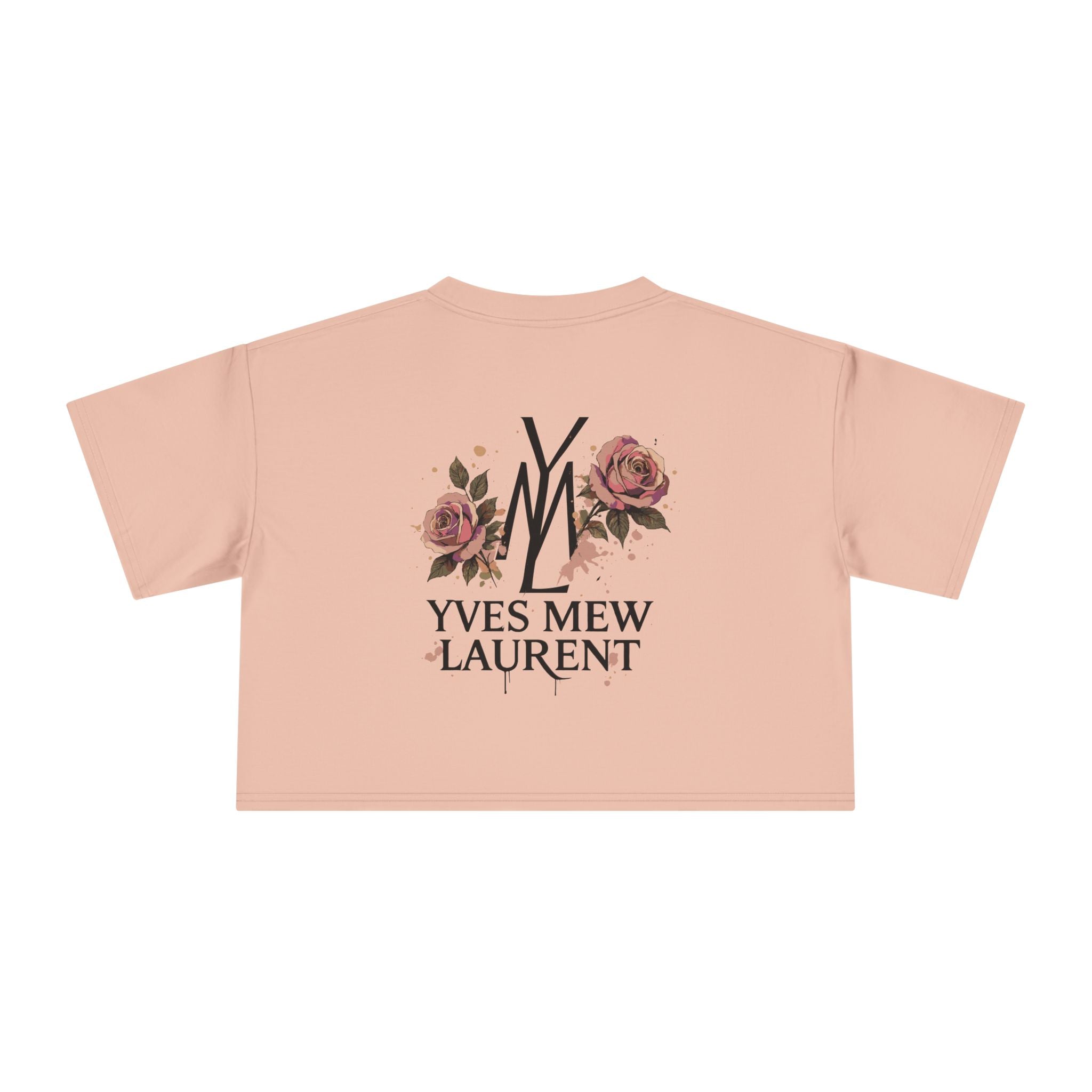 back view of Yves Mew Laurent pale pink crop top, logo and floral artwork