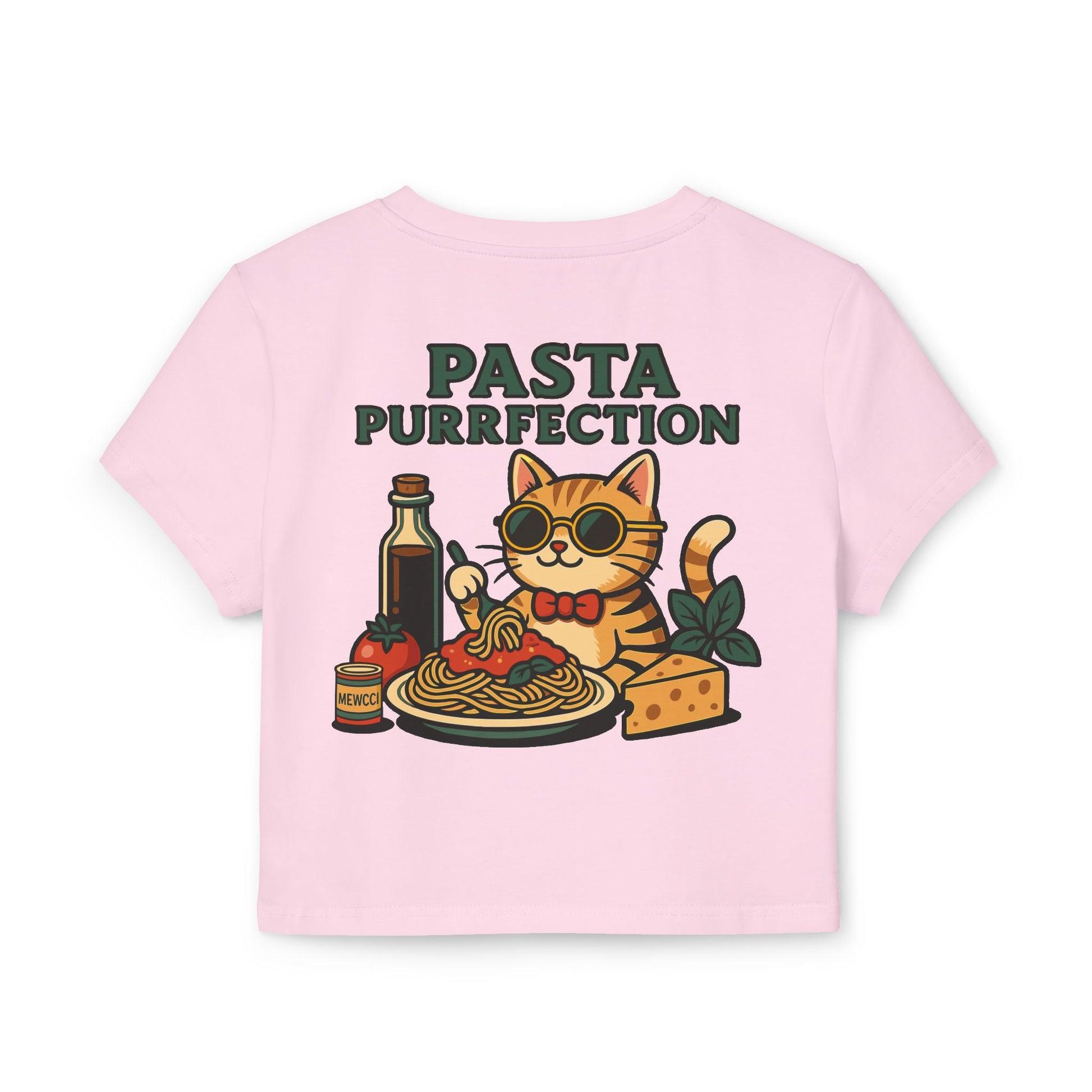 Pink baby tee back view pasta purrfection womens crop shirt