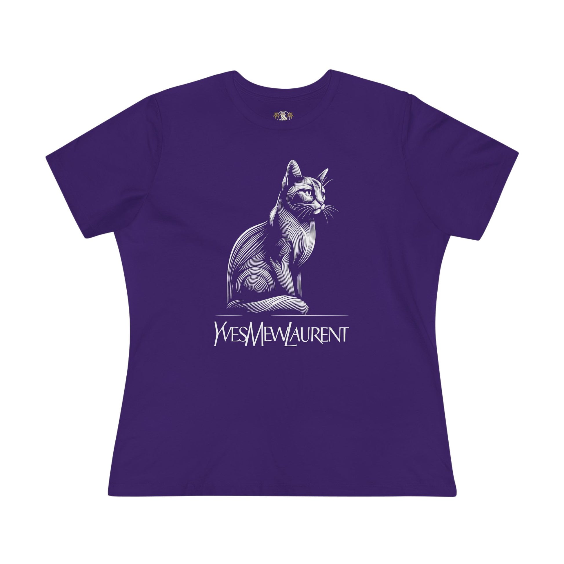 Yves Mew Laurent purple women's t shirt with cat graphic, cat themed apparel