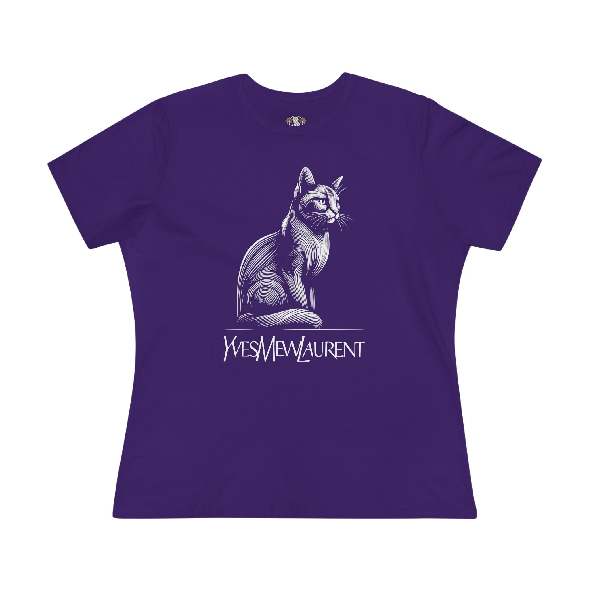 Yves Mew Laurent purple women's t shirt with cat graphic, cat themed apparel