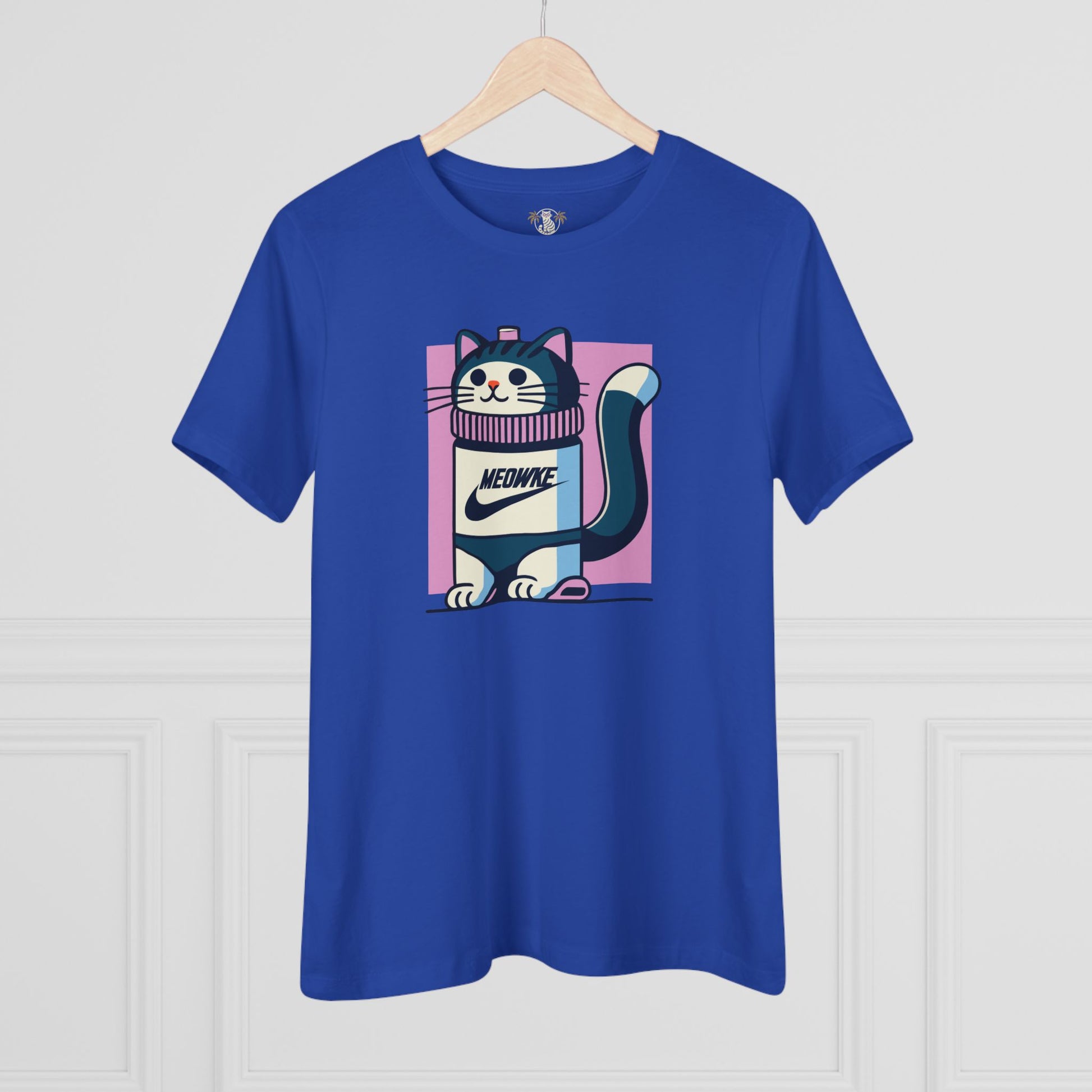 Hanging blue women’s cat bottle graphic t shirt