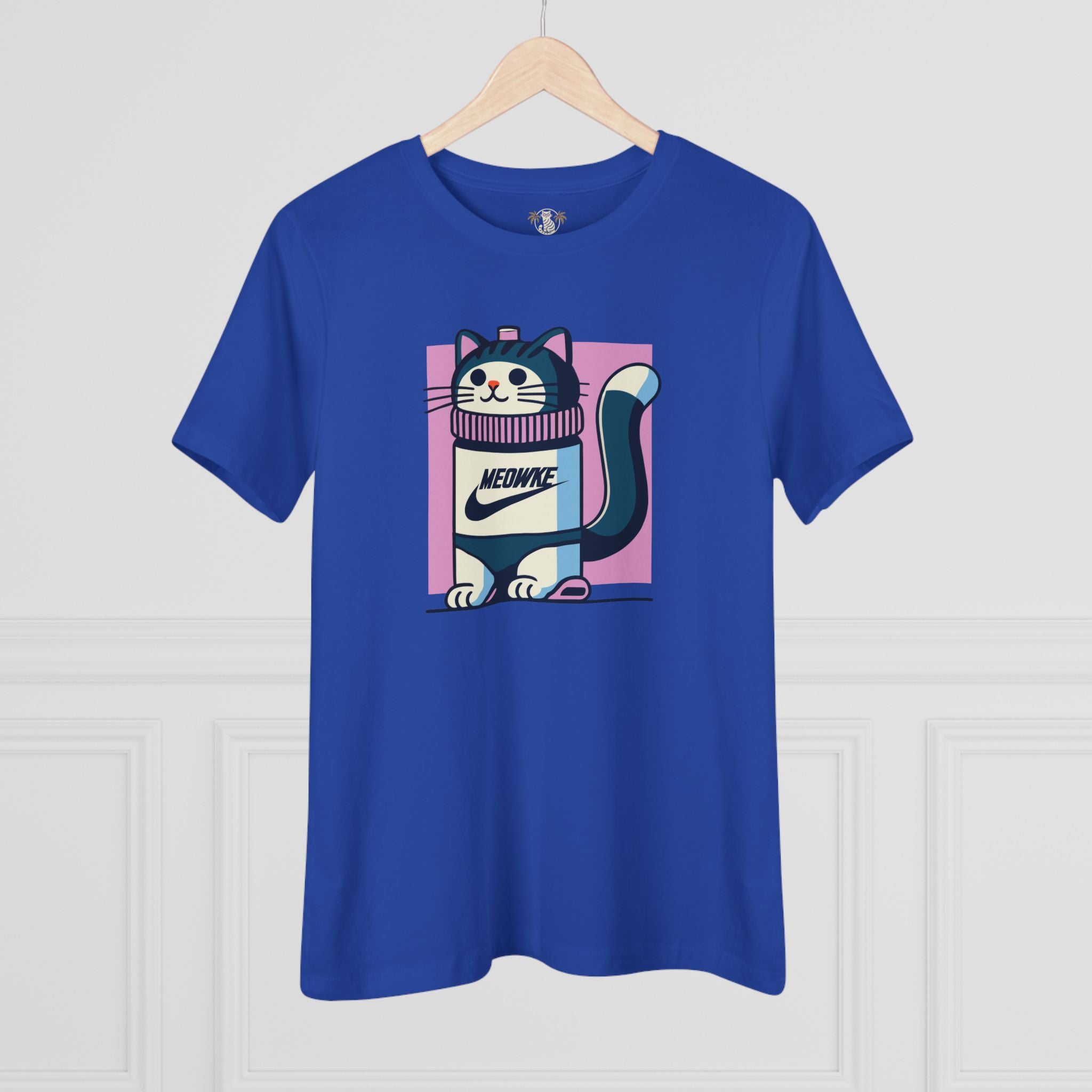 Hanging blue women’s cat bottle graphic t shirt