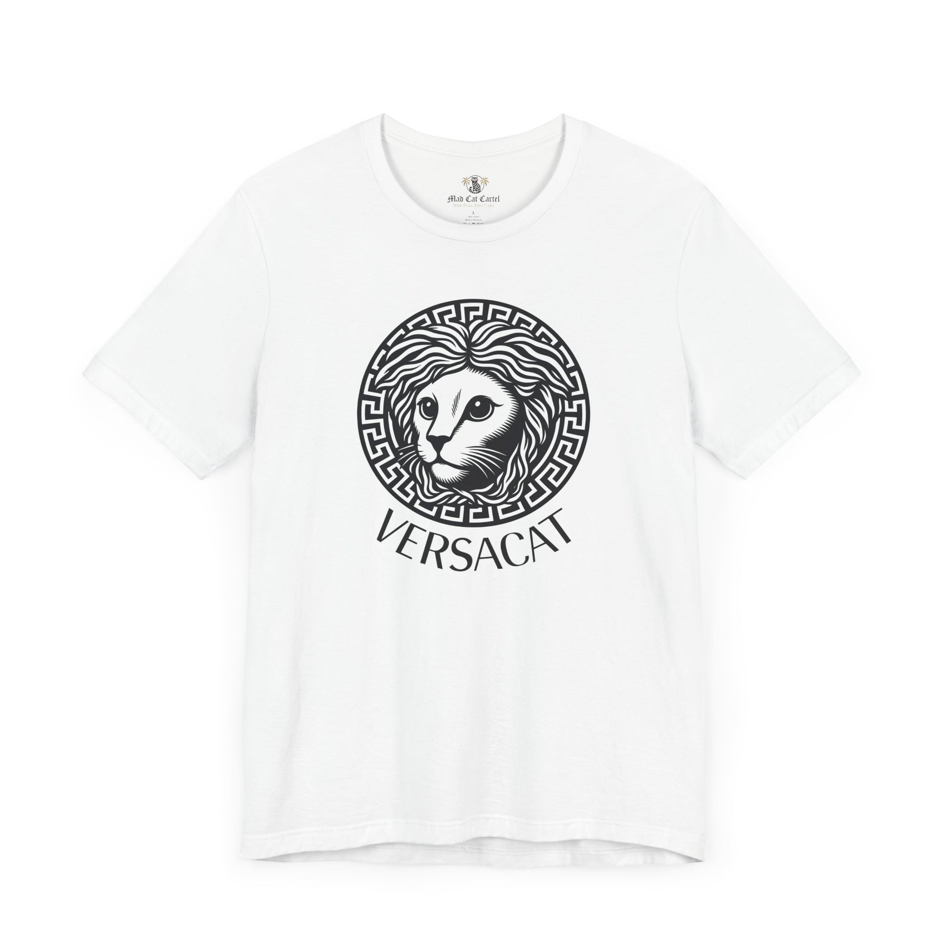 White Versacat Medusa cat emblem graphic t shirt – unisex style