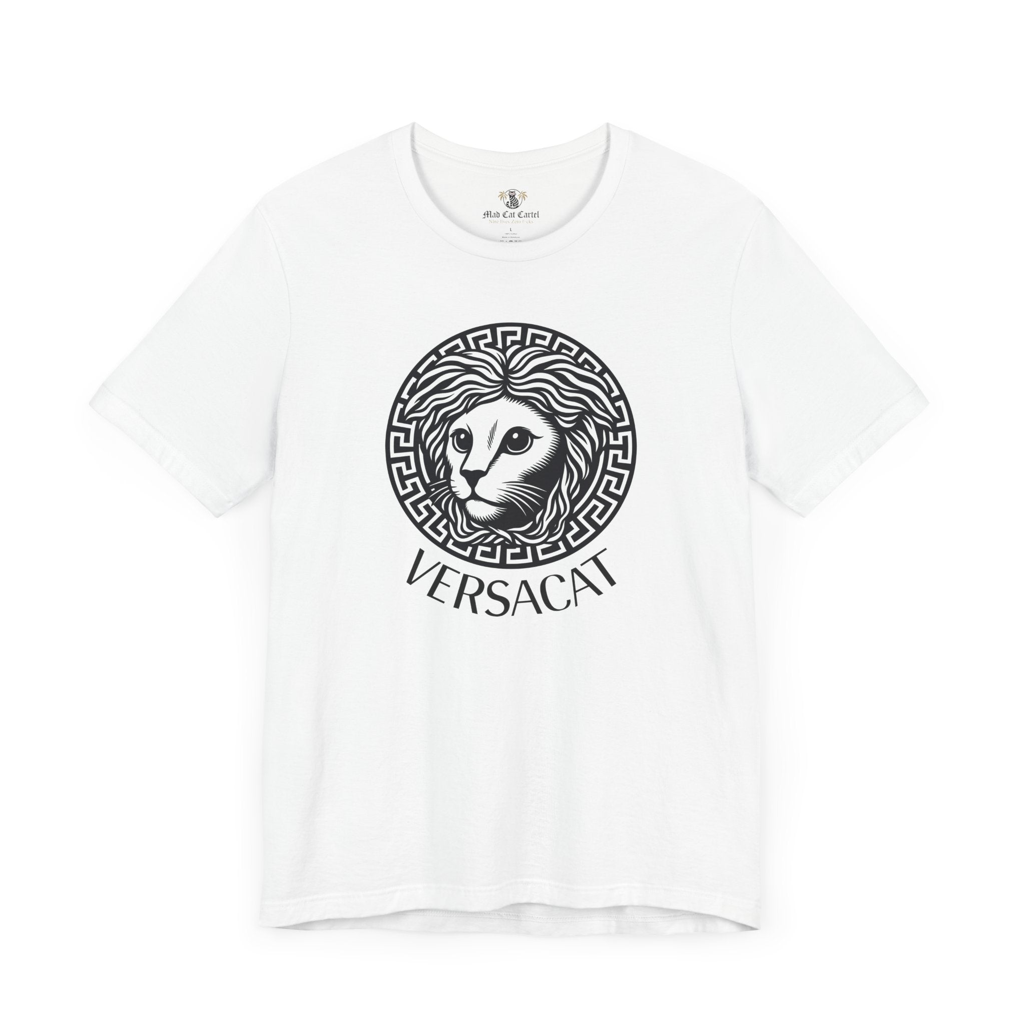 White Versacat Medusa cat emblem graphic t shirt – unisex style