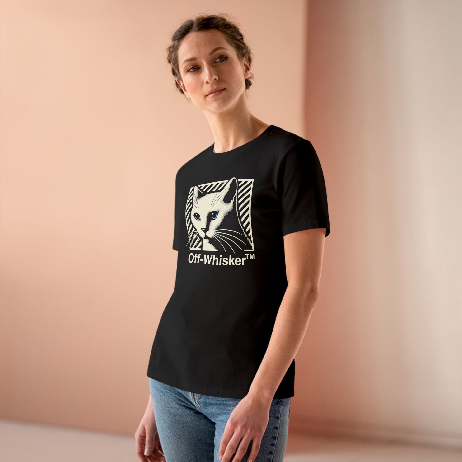 Woman wearing Off-Whisker Blue-Eyed Cat Graphic Women's T Shirt Black, cat shirts for women model view