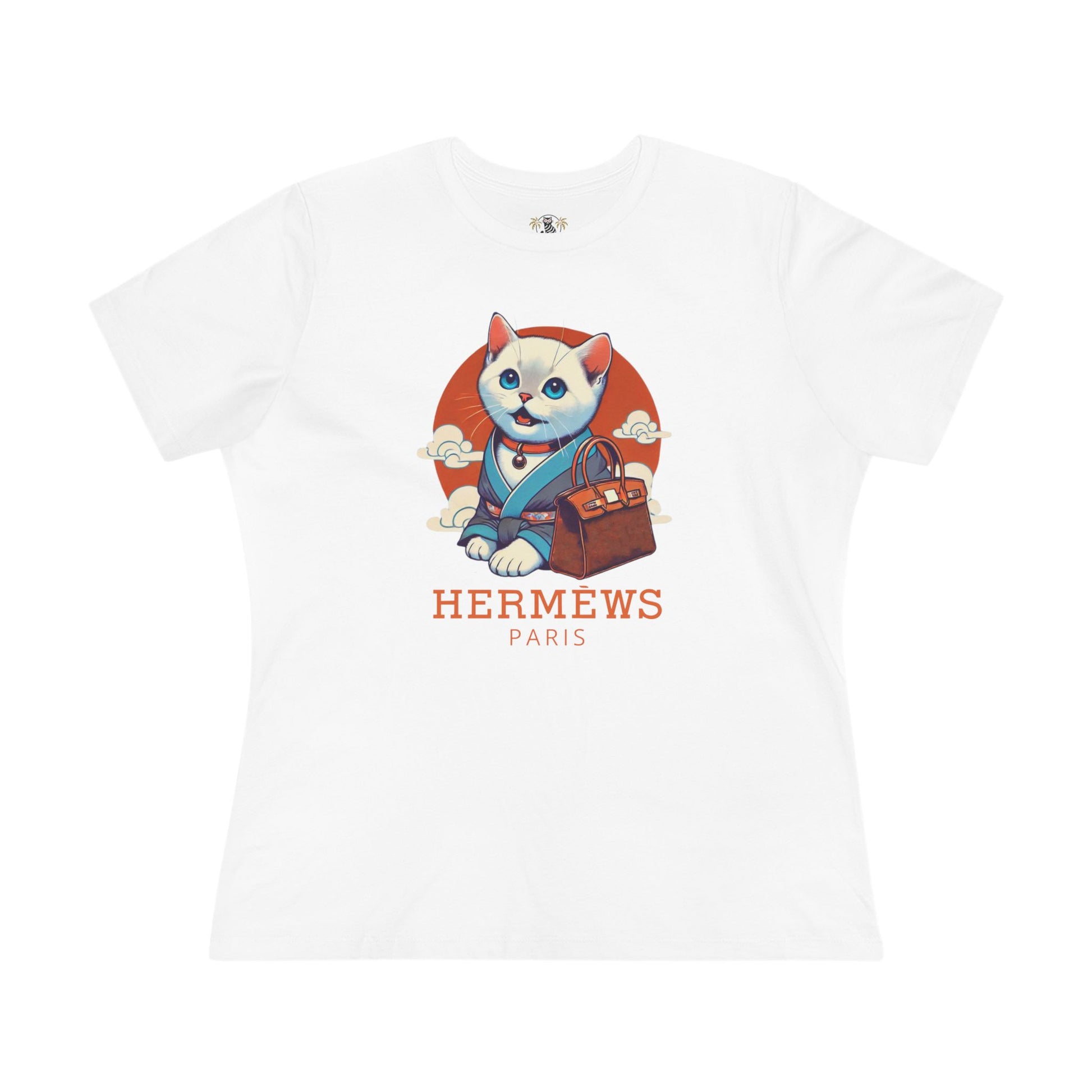 Hermèws Paris Birkin Cat Women’s White Graphic T Shirt flat lay front view