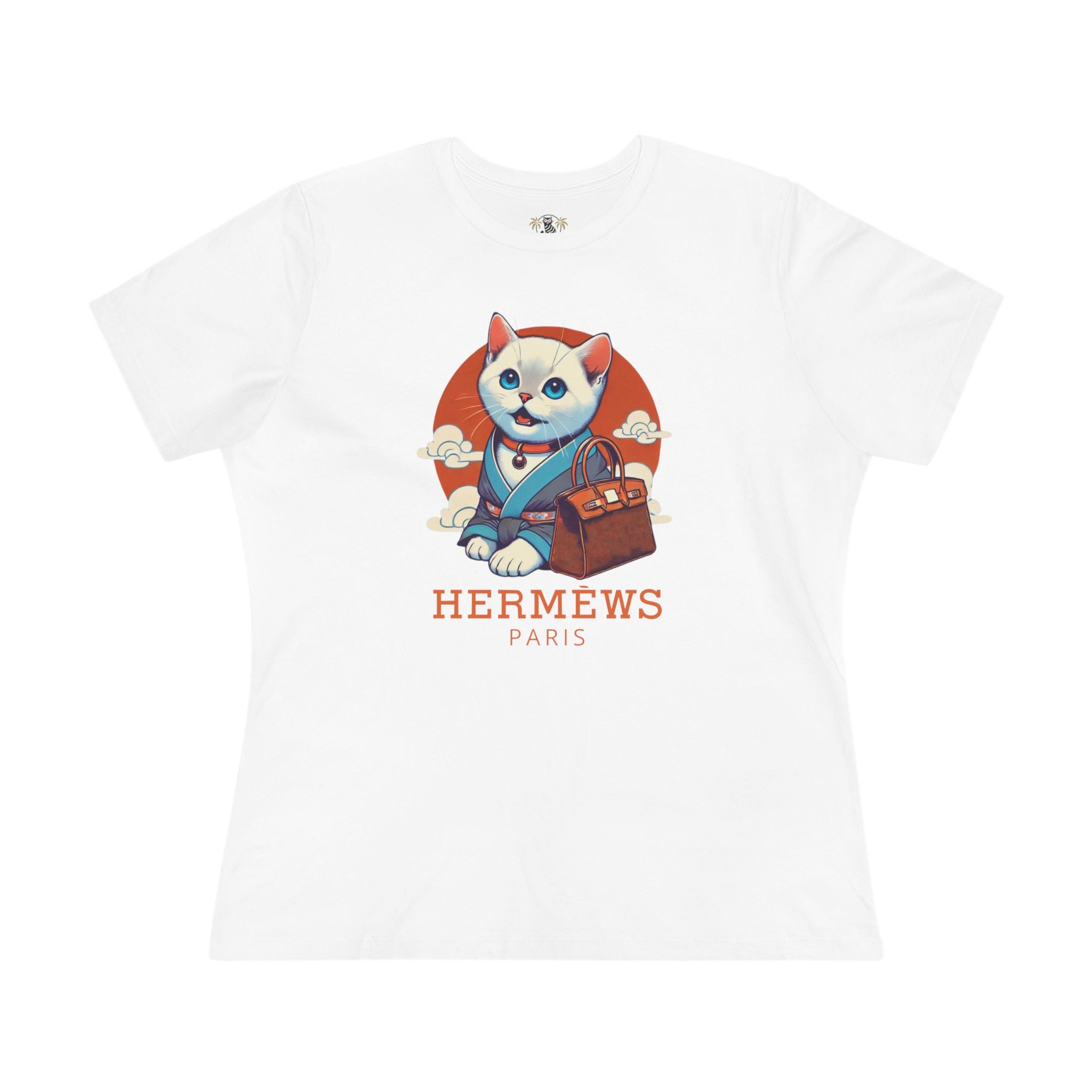 Hermèws Paris Birkin Cat Women’s White Graphic T Shirt flat lay front view