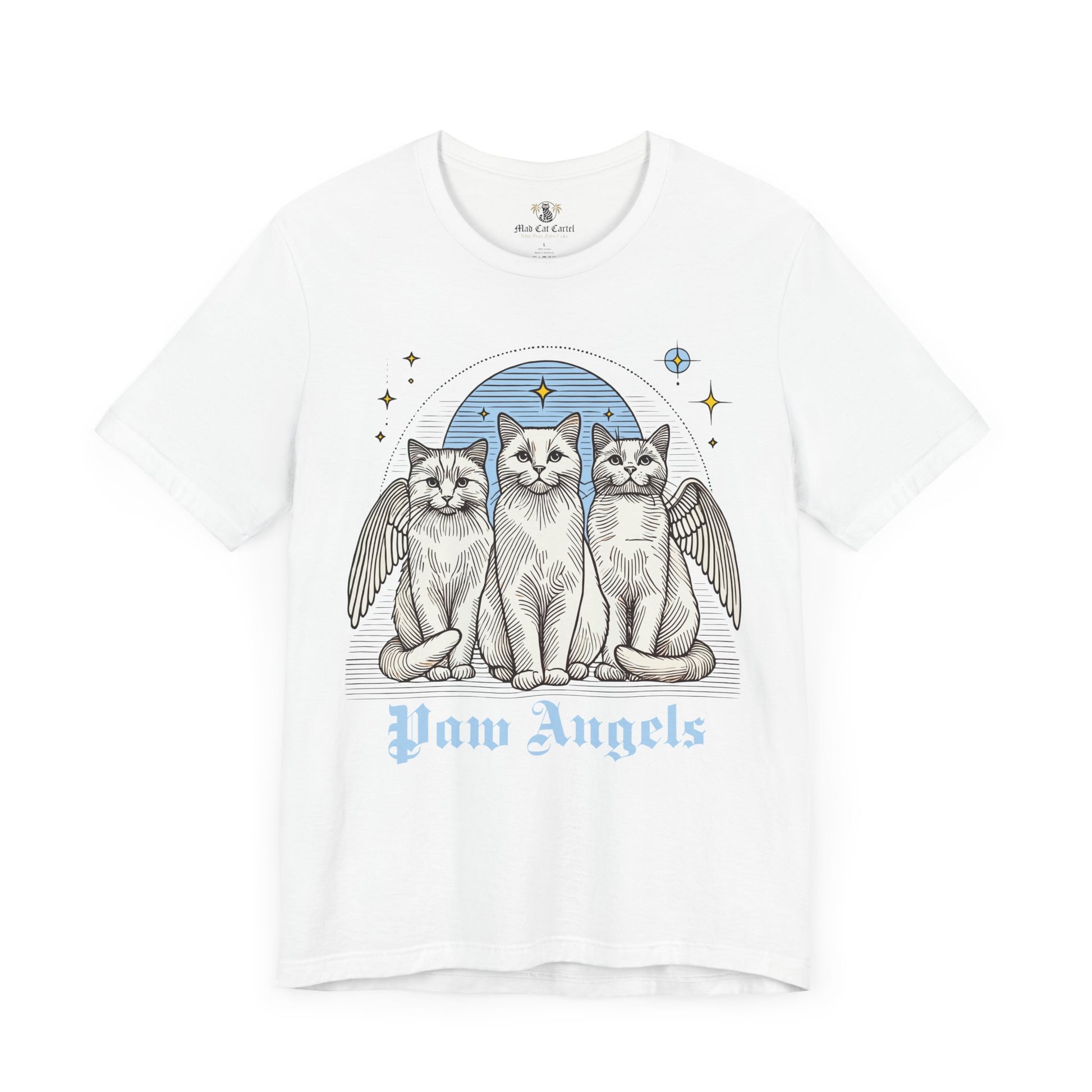 Paw Angels Holy Trinity cat graphic t shirt in White – tee shirts with cats, gifts for cat lovers