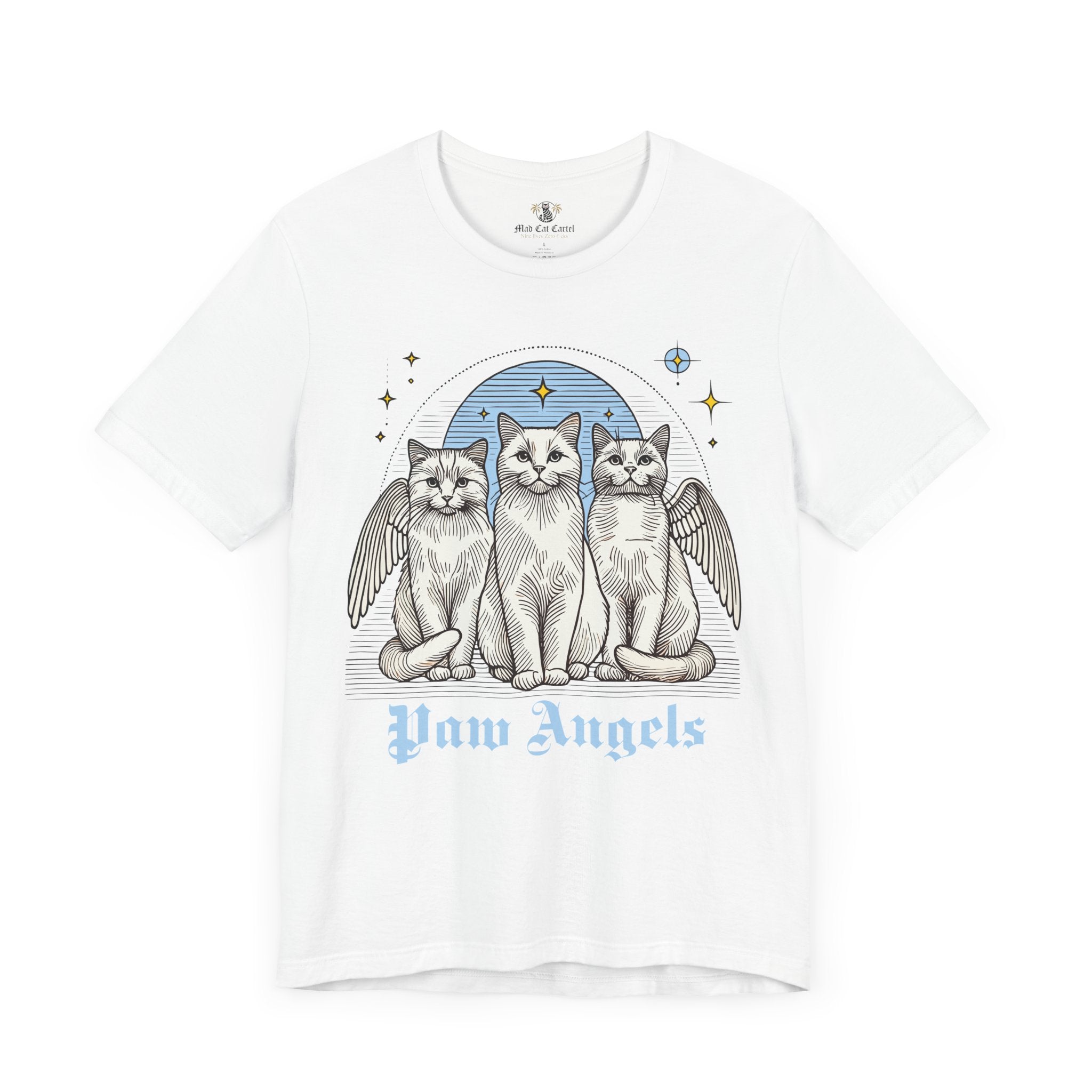 Paw Angels Holy Trinity cat graphic t shirt in White – tee shirts with cats, gifts for cat lovers