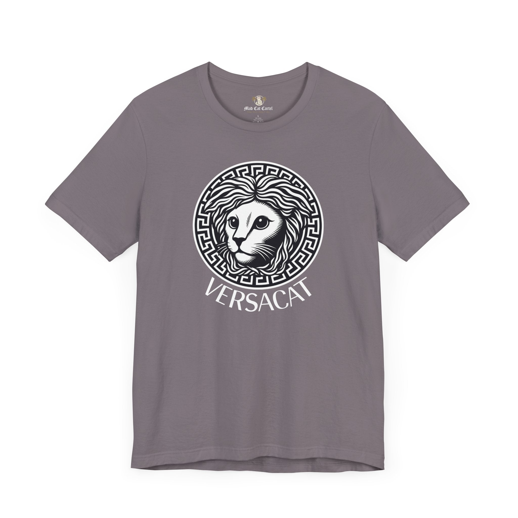 Storm grey Versacat Medusa cat emblem graphic t-shirt