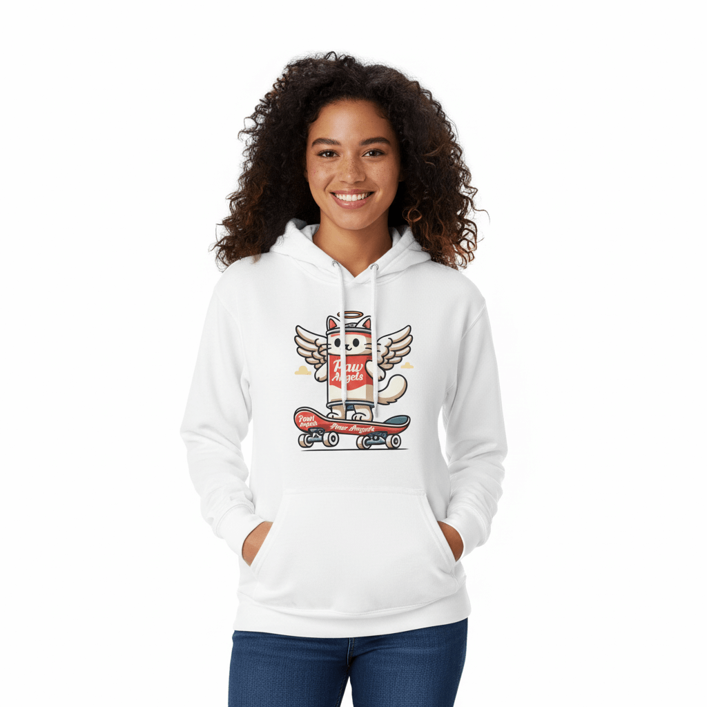 Woman in white Paw Angels spray cat graphic hoodie, cat hoodie women