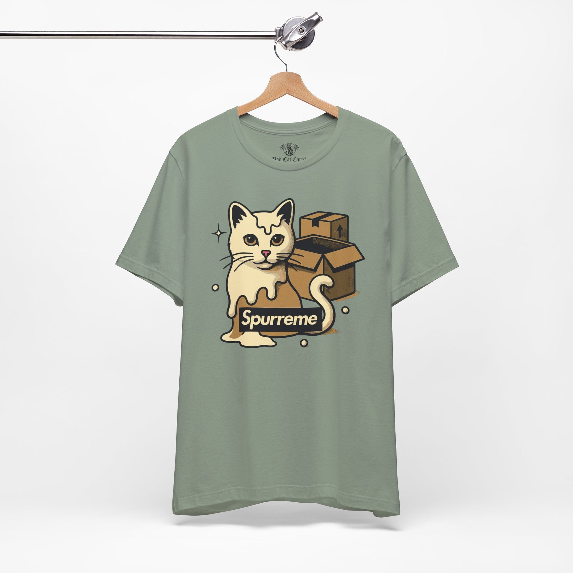 Sage t shirt hanging on wooden hanger clothes with cats on them