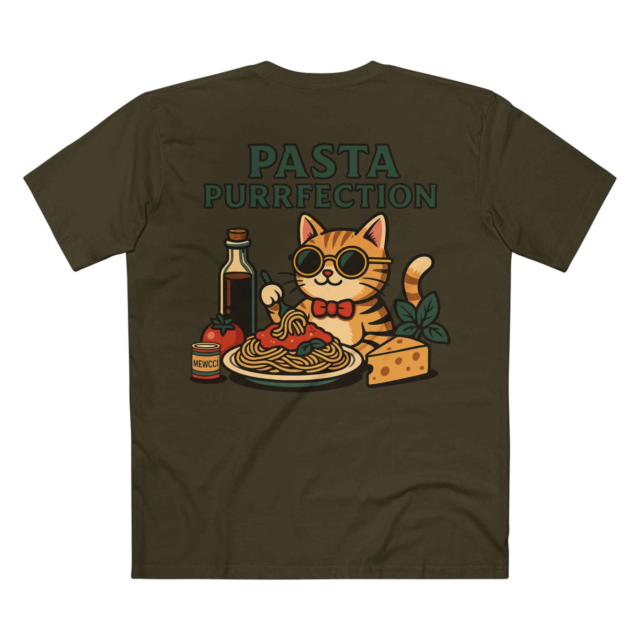 Back design of Mewcci Pasta Chef Cat Graphic T Shirt in Army – Italian food cat print