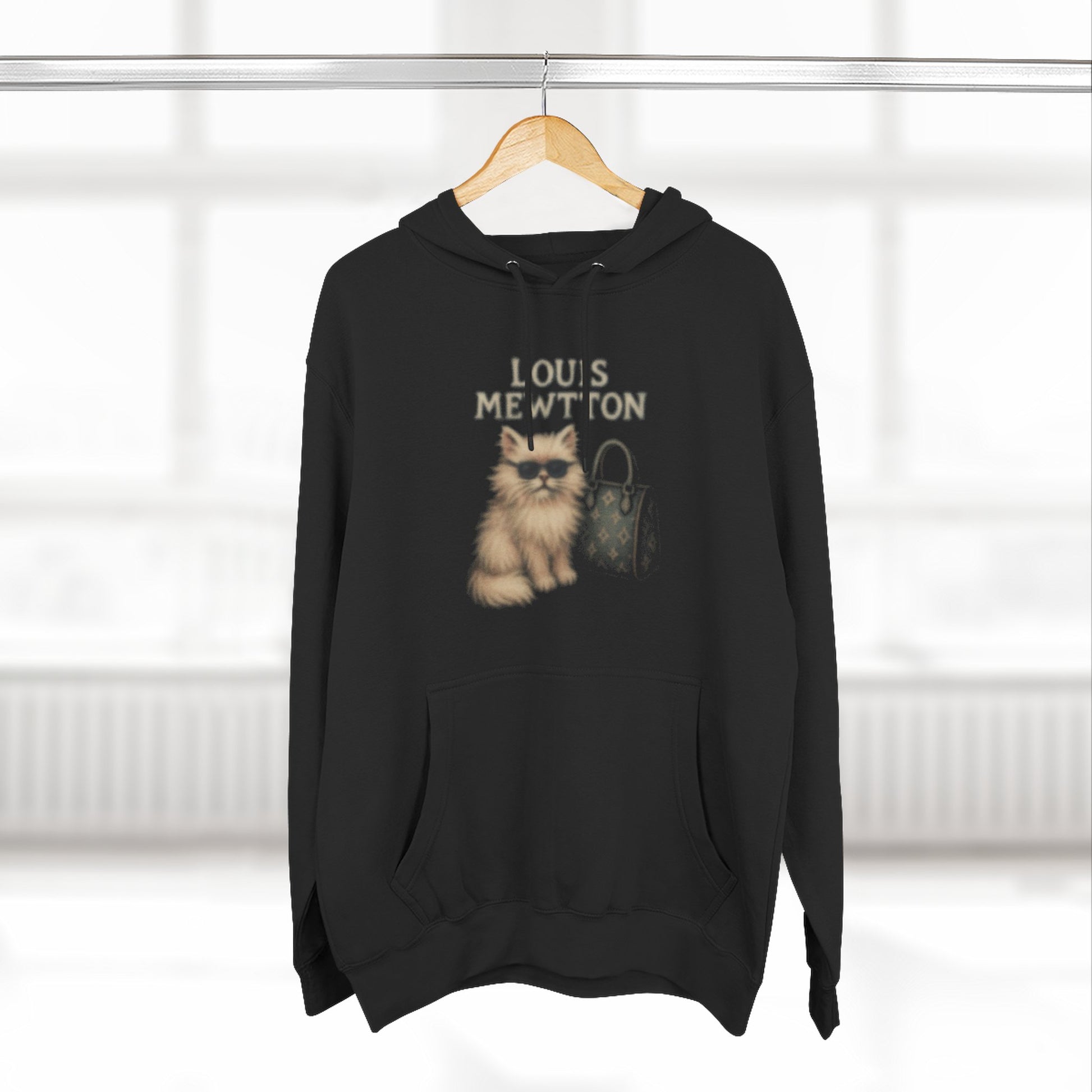 Louis Mewtton black hoodie with fluffy couture cat print on hanger, designer parody hoodie for cat lovers