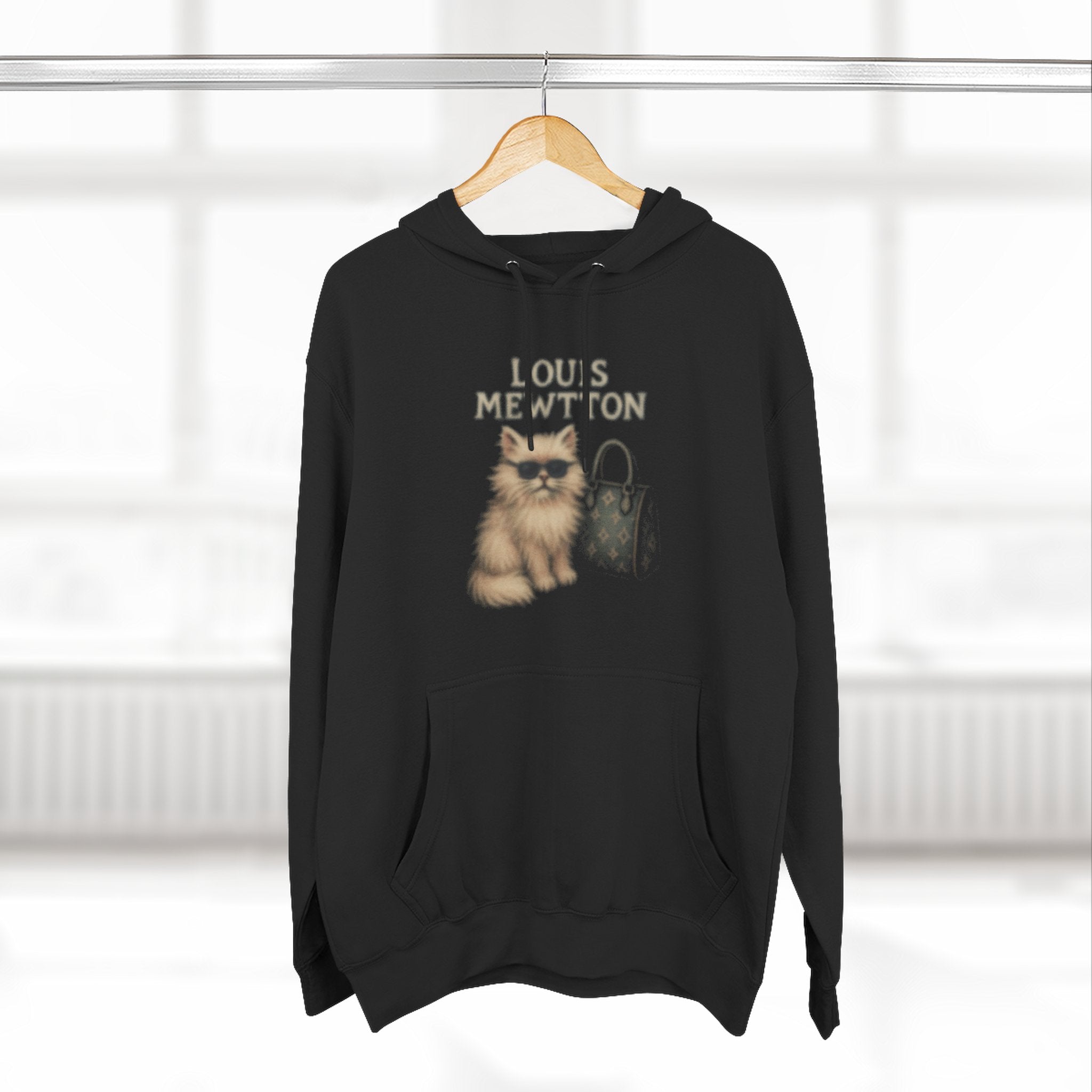 Louis Mewtton black hoodie with fluffy couture cat print on hanger, designer parody hoodie for cat lovers