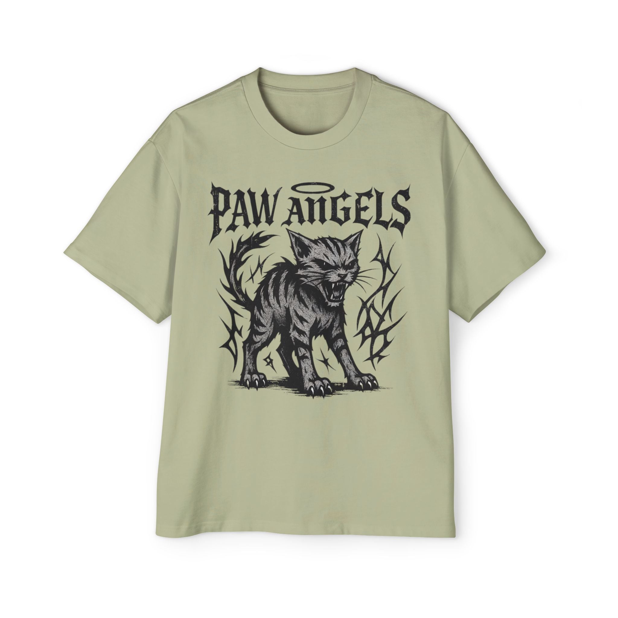 Front view of Paw Angels Hellcat pistachio green men's oversized cat t-shirt – cat lover t shirt