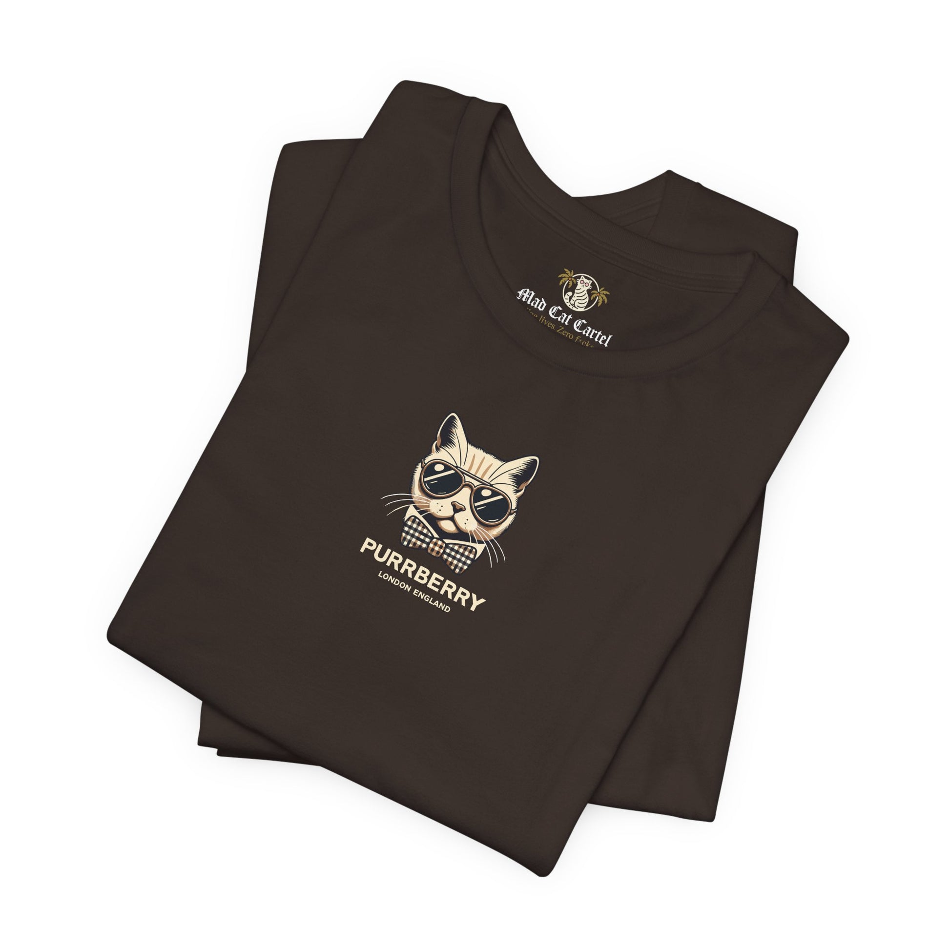 folded purrberry london mini crest cat graphic t shirt brown cat t shirts for women