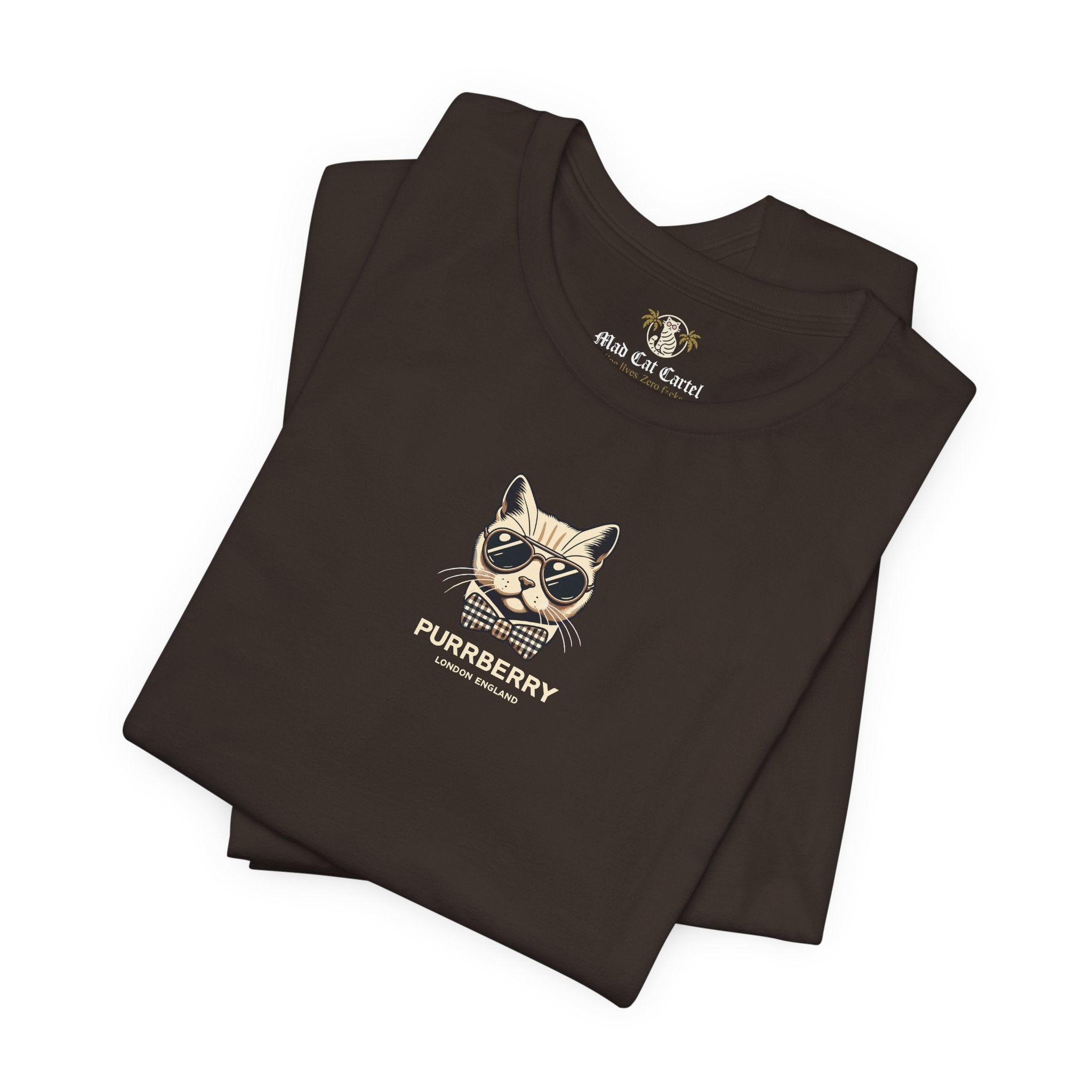 folded purrberry london mini crest cat graphic t shirt brown cat t shirts for women