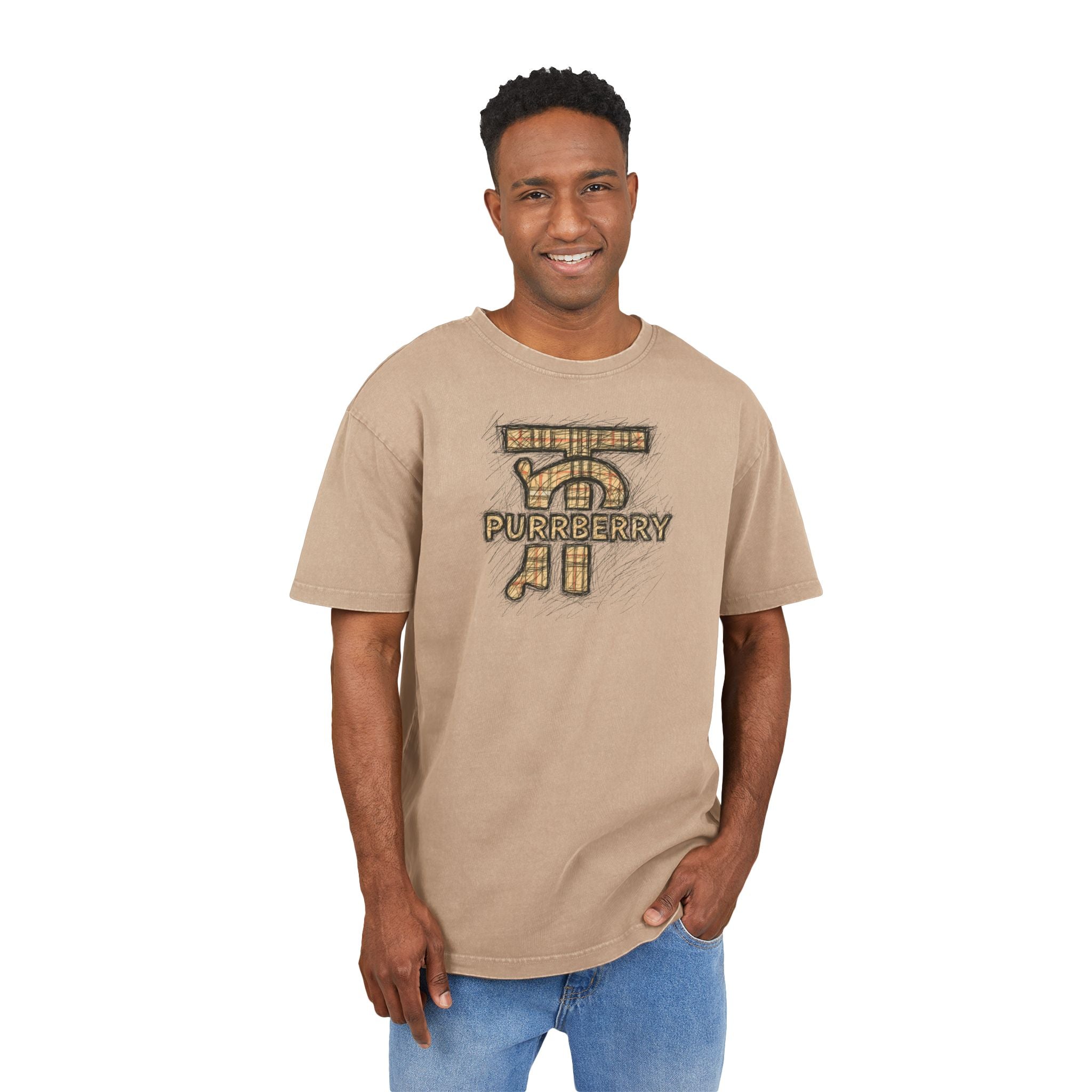 Funny t shirts for men, model wearing union beige oversized cat graphic t shirt front view