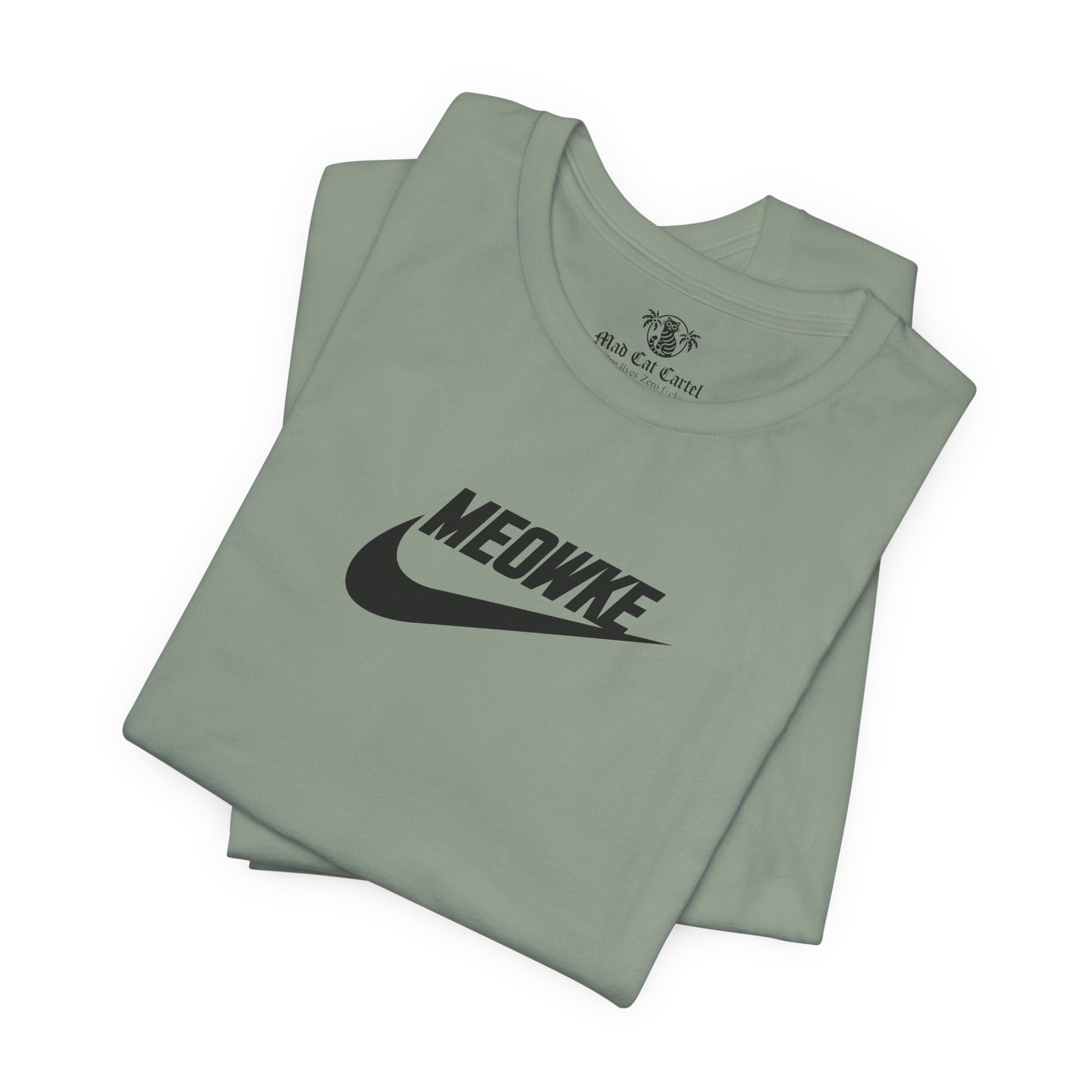 Funny t shirts for women – sage unisex tees folded, black Meowke chest swoosh logo