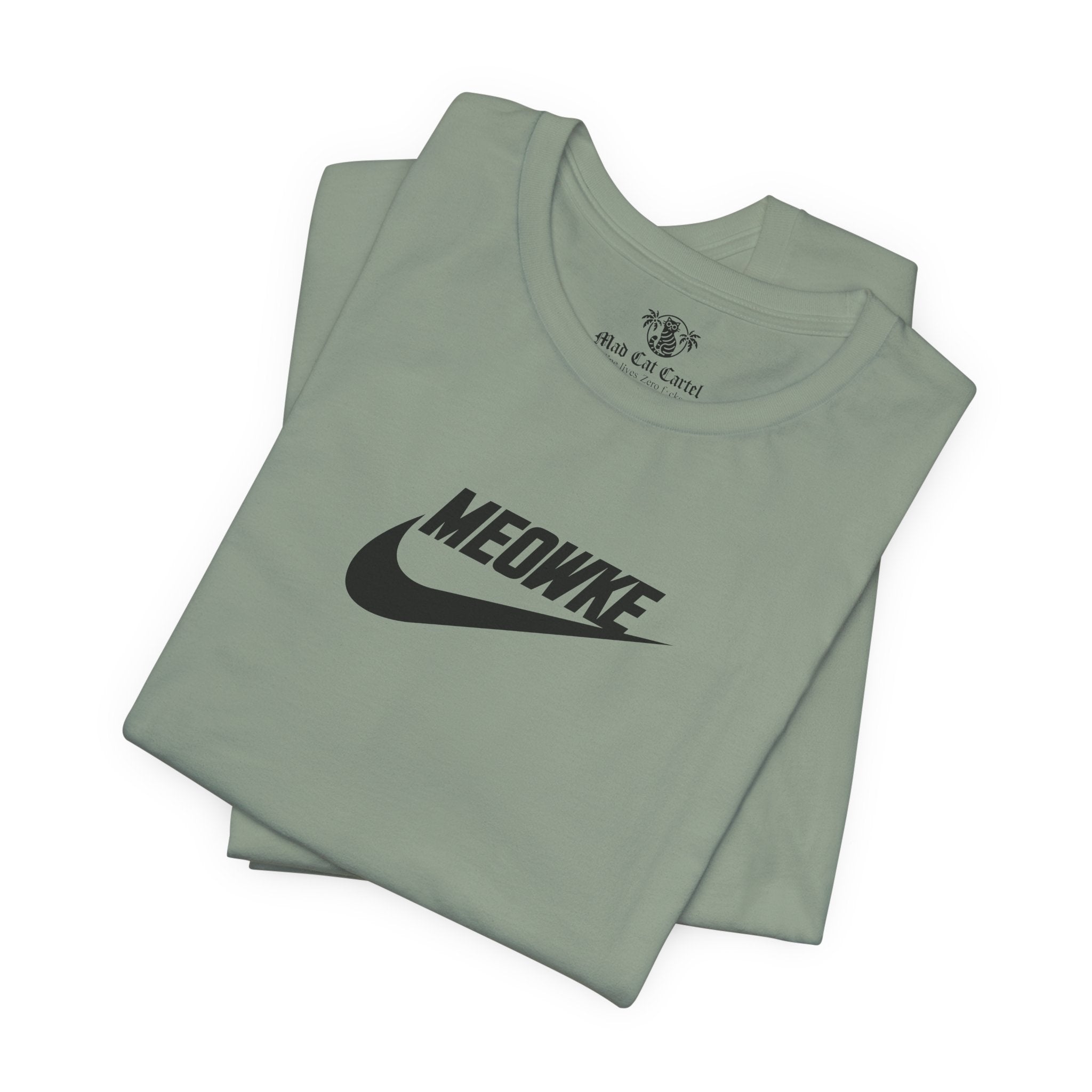 Funny t shirts for women – sage unisex tees folded, black Meowke chest swoosh logo