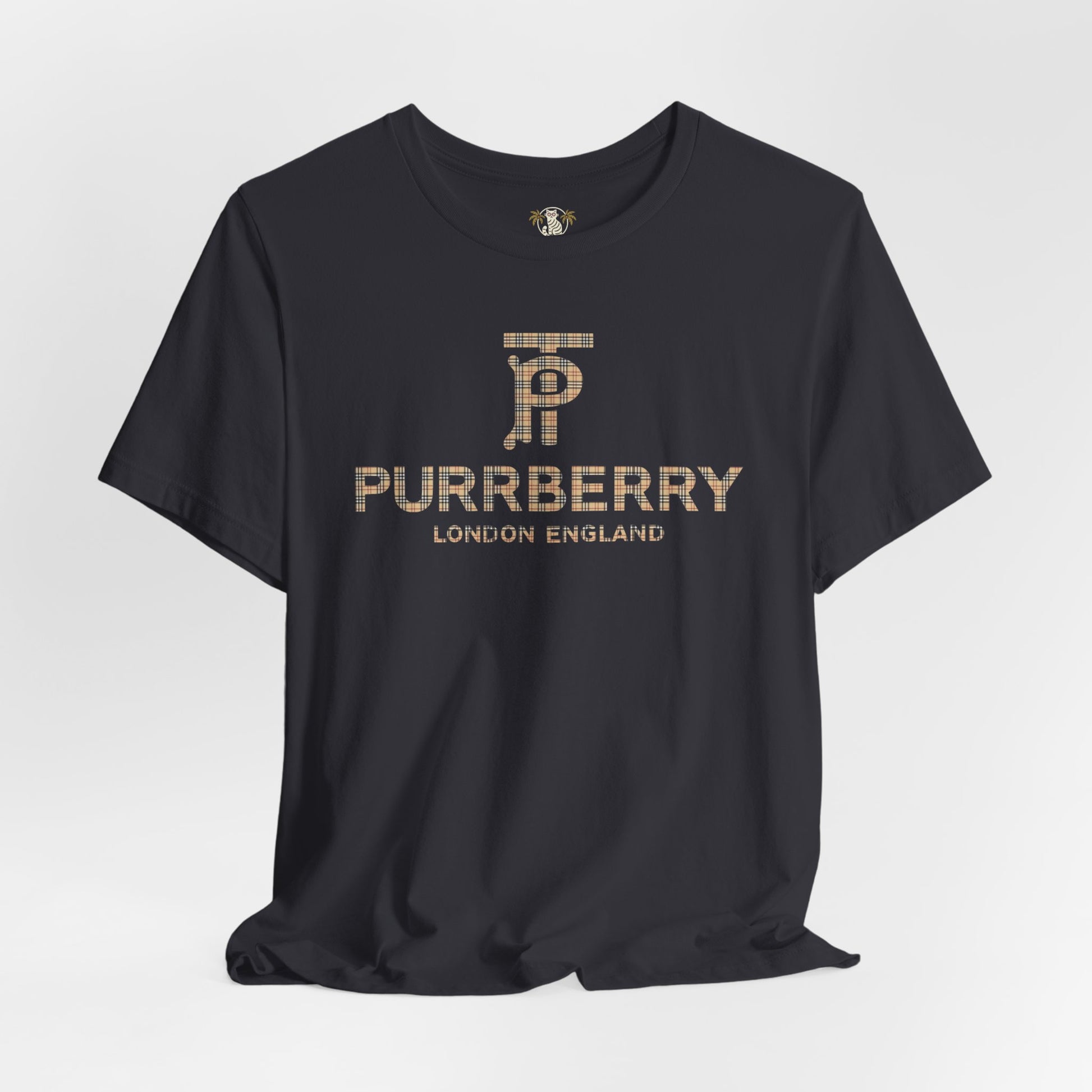 purrberry london coat club cat graphic t shirt black flat lay parody t shirts