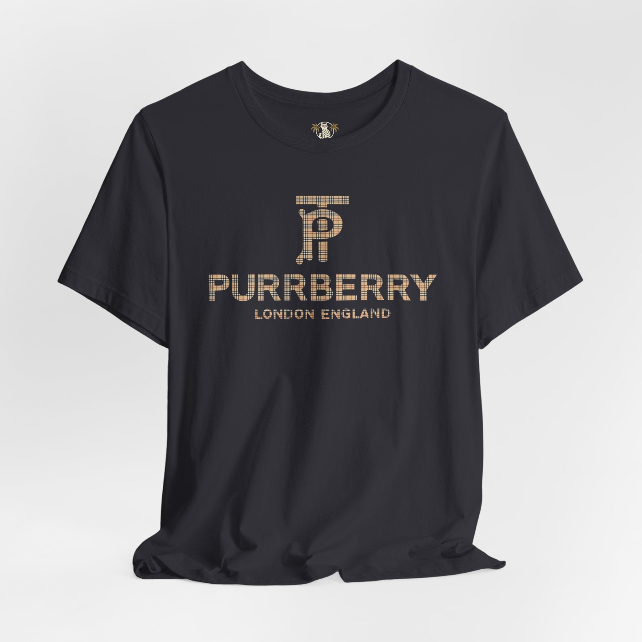 purrberry london coat club cat graphic t shirt black flat lay parody t shirts
