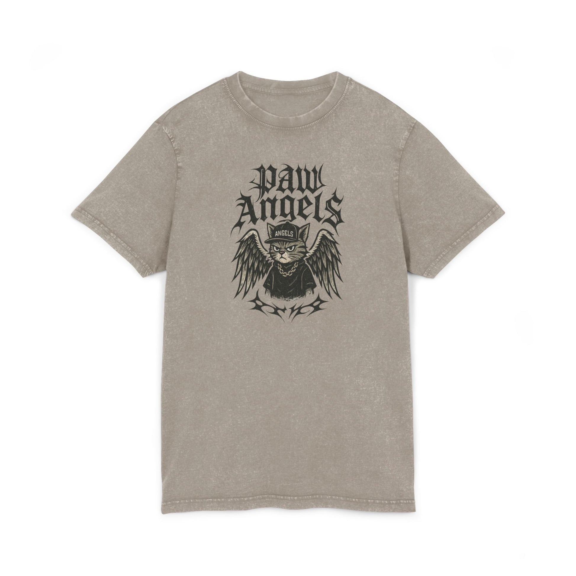 Paw Angels Rebel Angel Acid Washed T-Shirt, cat clothes for humans, dark khaki front view
