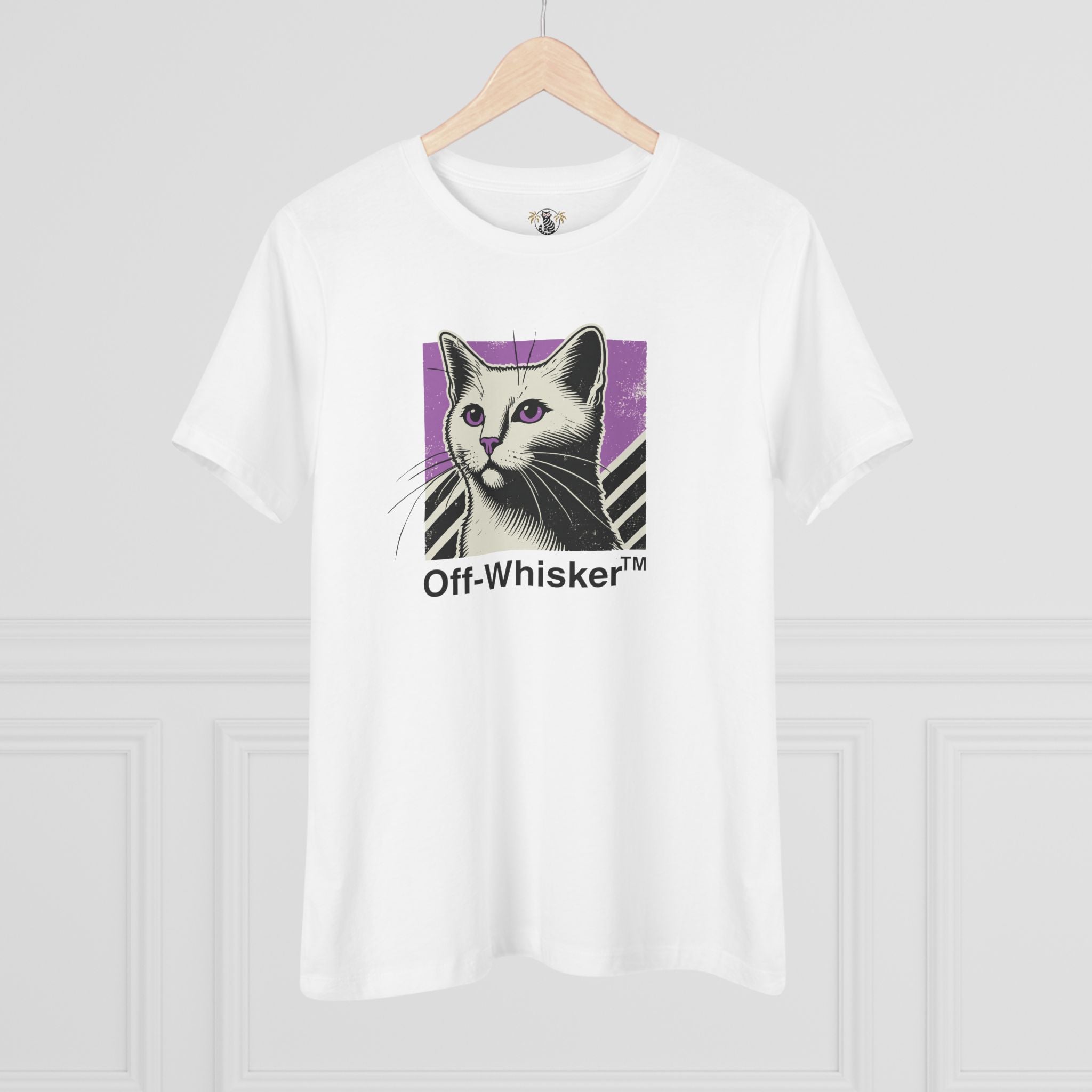White womens cat graphic t shirt on hanger front view