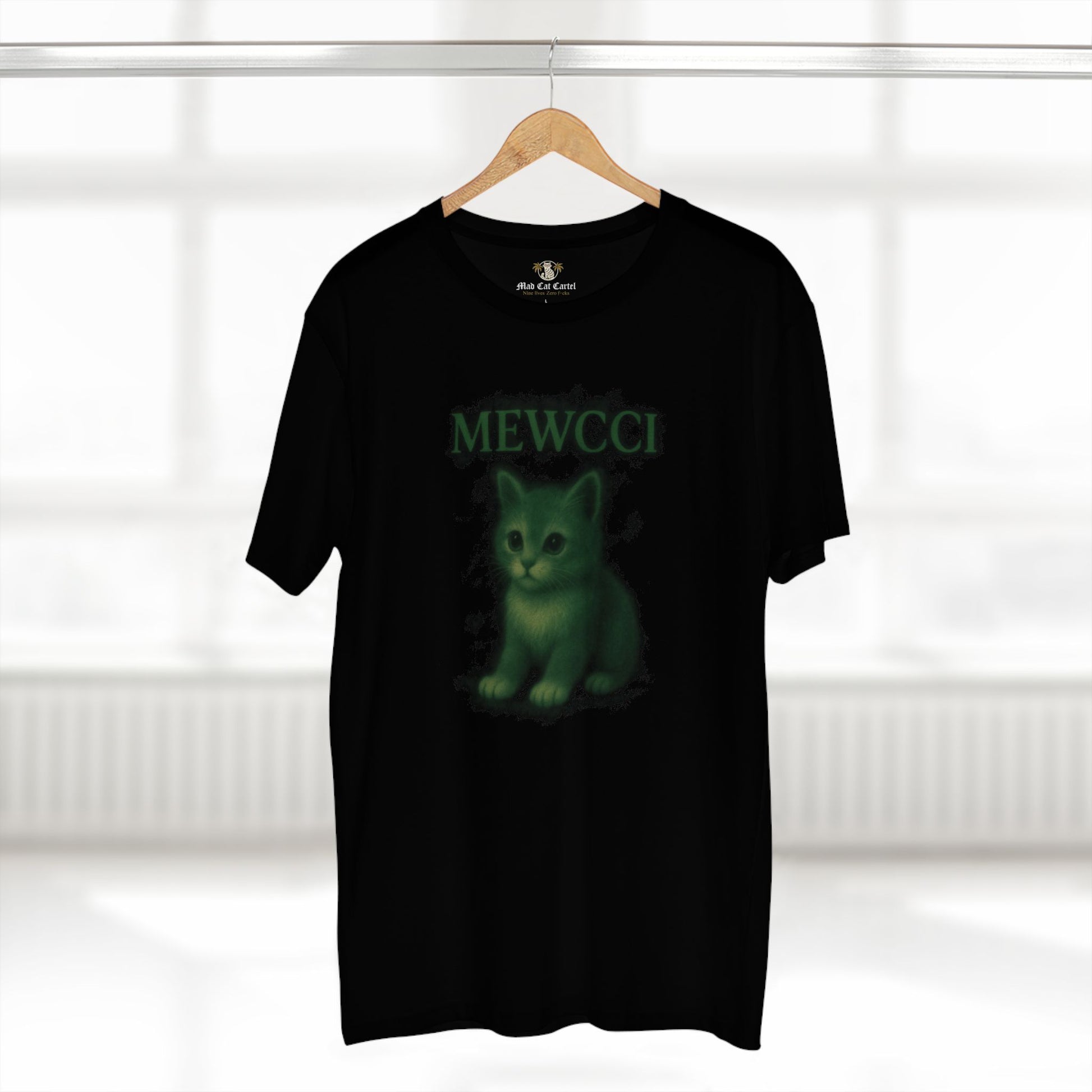 Black cat graphic t shirt on hanger Mewcci Green Aura Kitty print