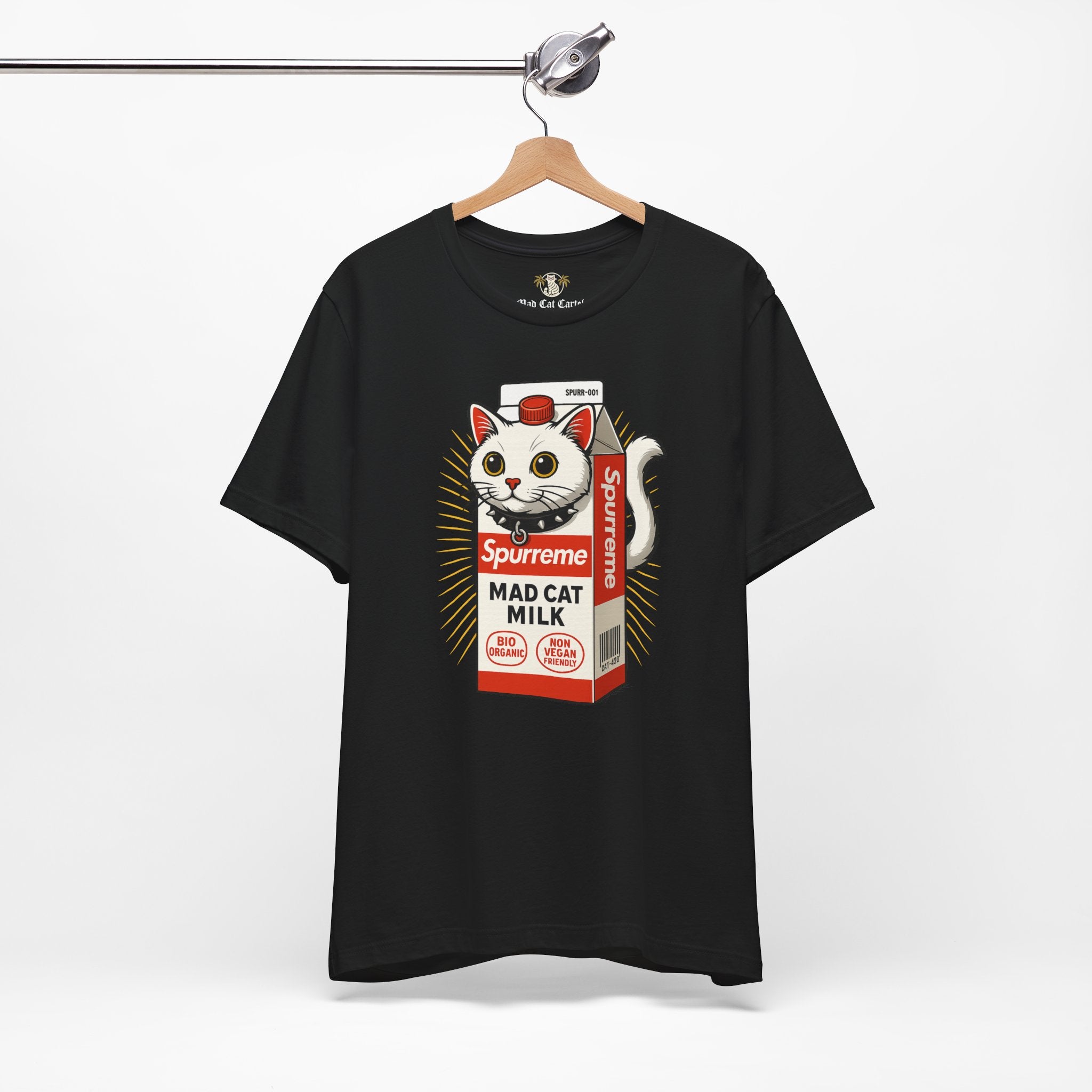 Black Spurreme Mad Cat Organic Milk t shirt on hanger front view – funny t shirts for women