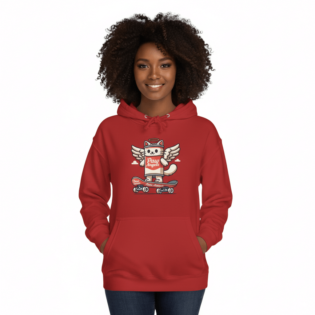 Woman in crimson red Paw Angels spray cat graphic hoodie, cat men's clothing