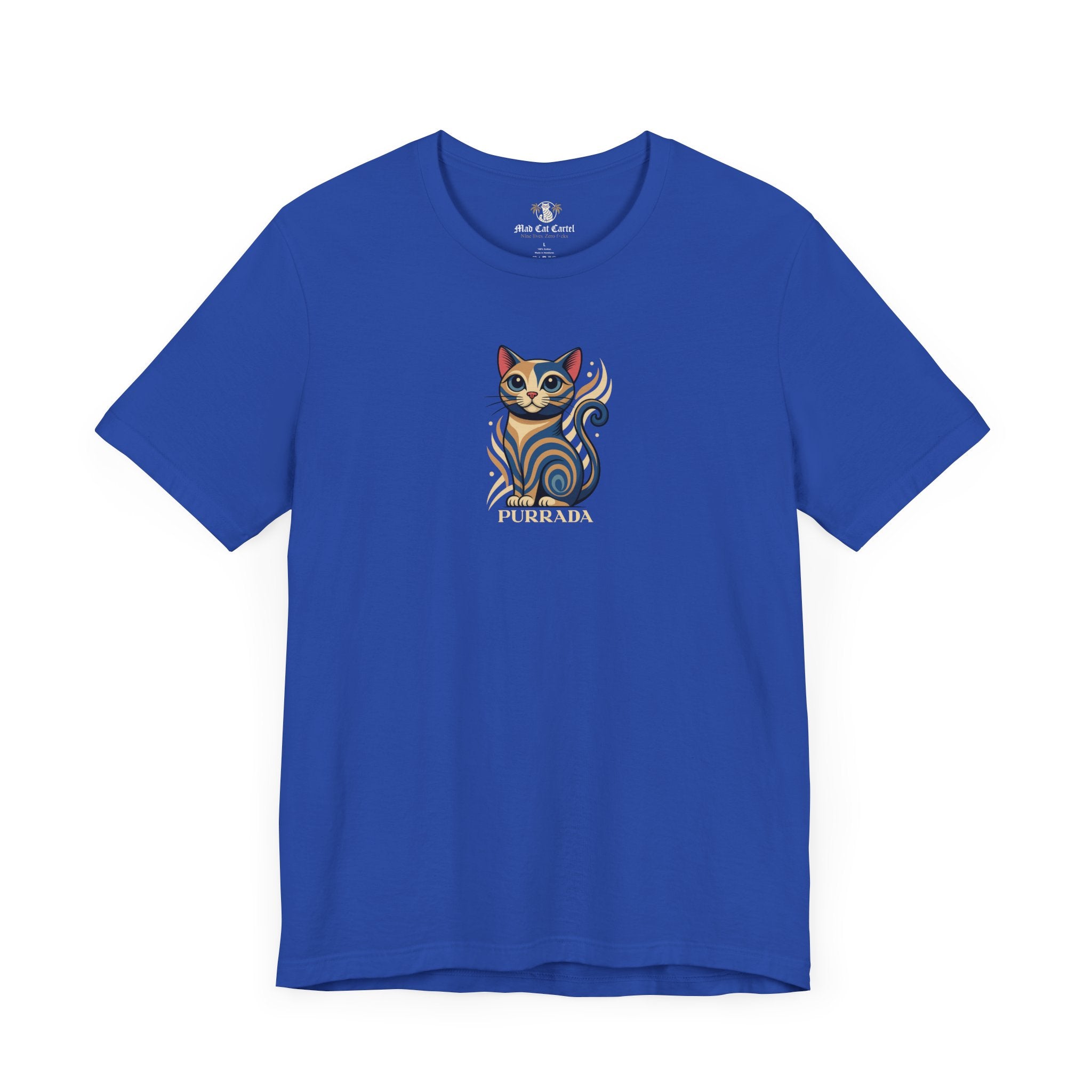 Purrada Catalogue Piece Cat Graphic T Shirt in blue, gift for cat lovers