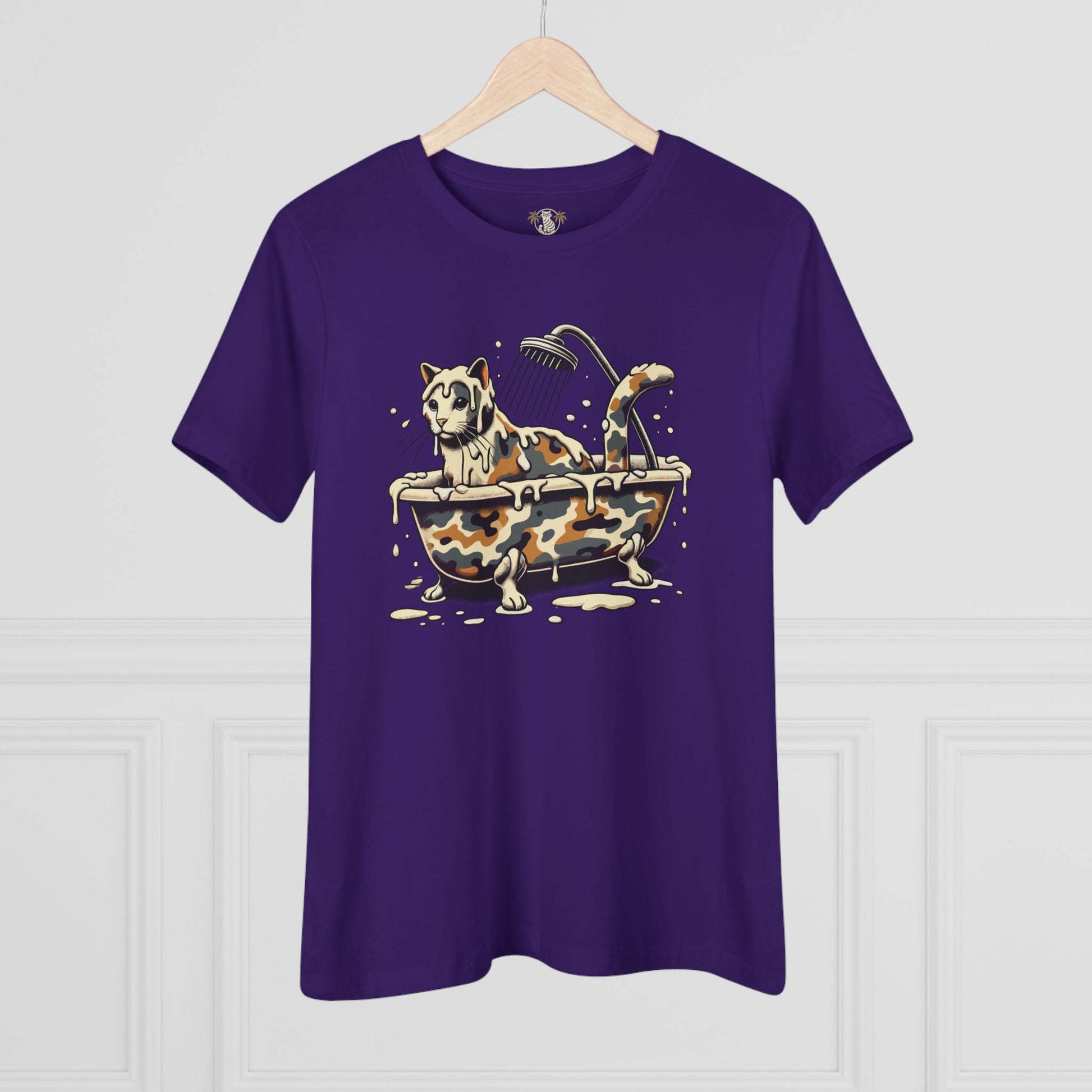 Team Purple cat lady tee shirts hanging front view