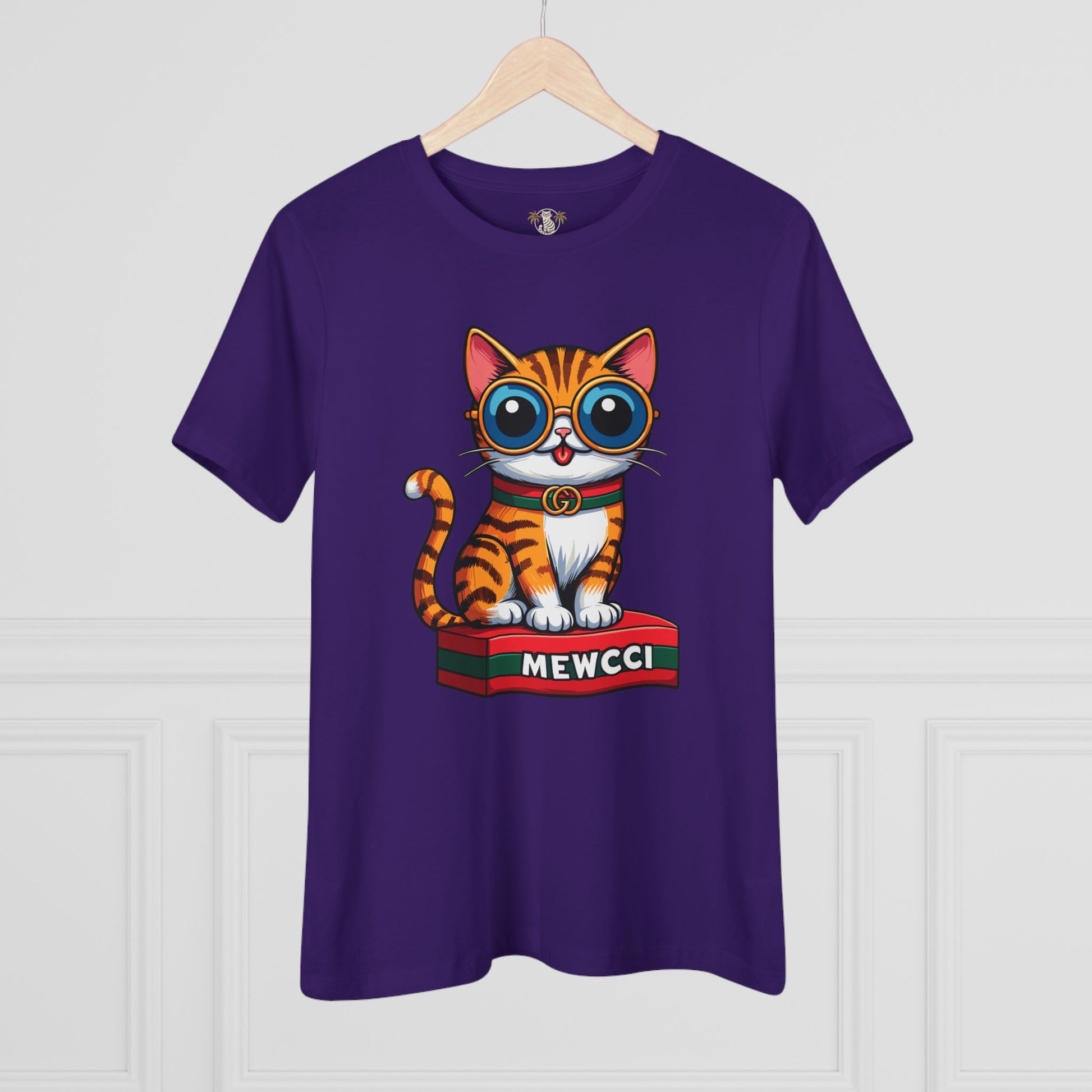 Women's funny graphic tees purple Mewcci box cat design on hanger