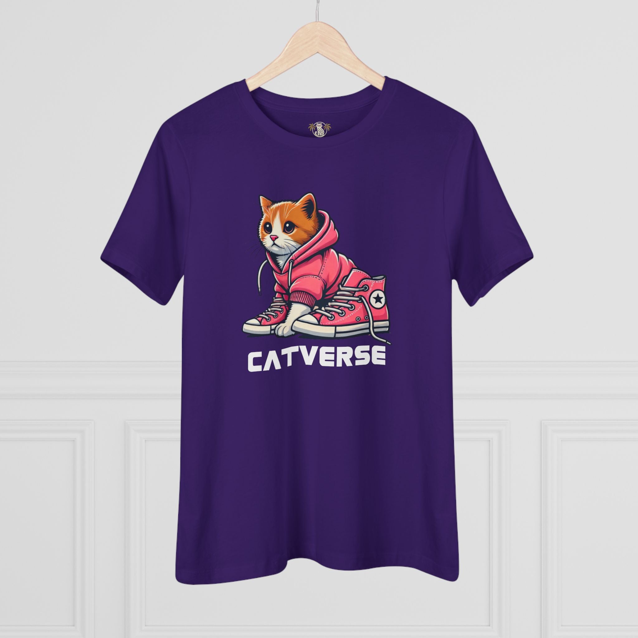 Purple Catverse Hoodie Kicks women’s t shirt on hanger, cat lovers stuff, funny t shirts for women