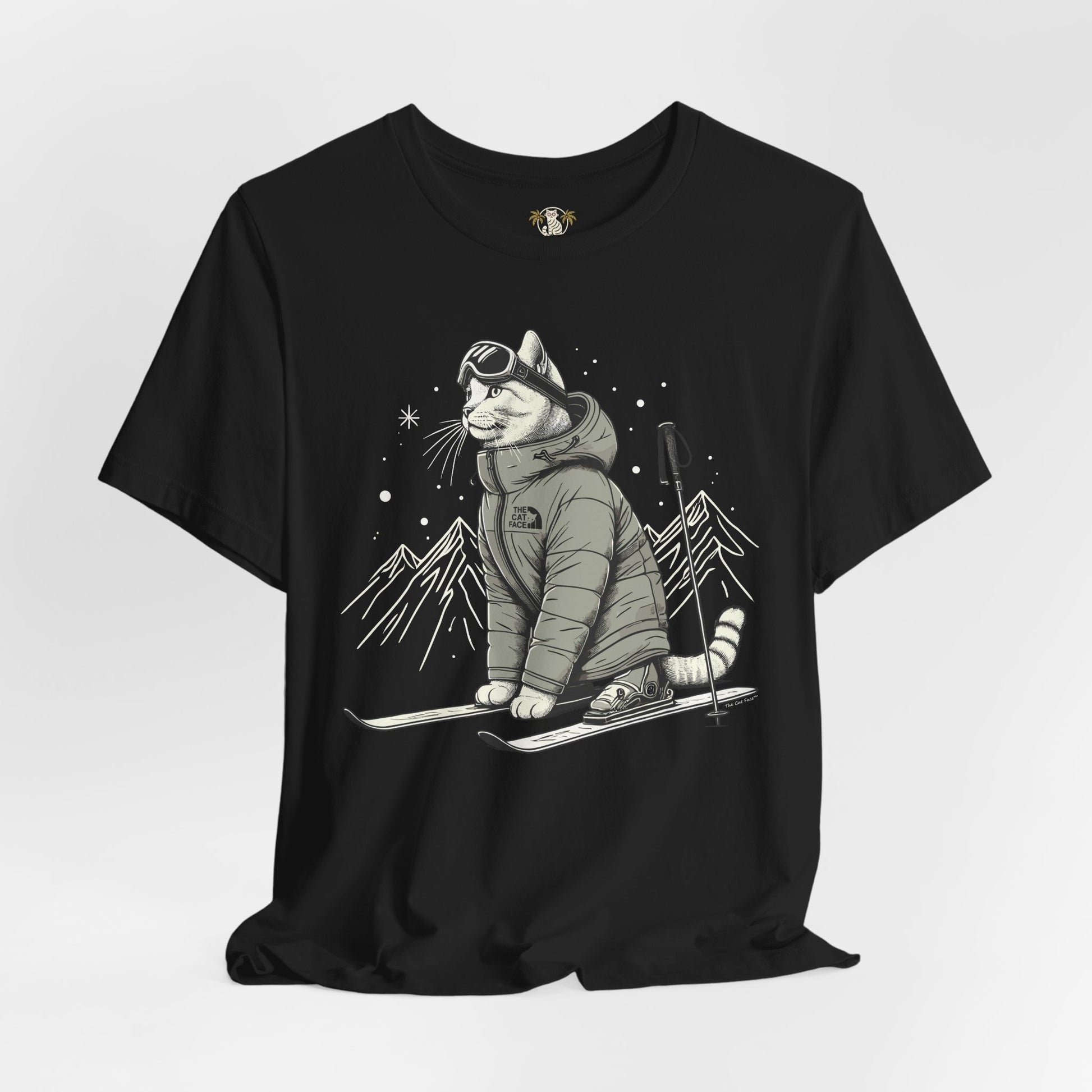 Black t shirt flat lay angled, cat print tee shirts