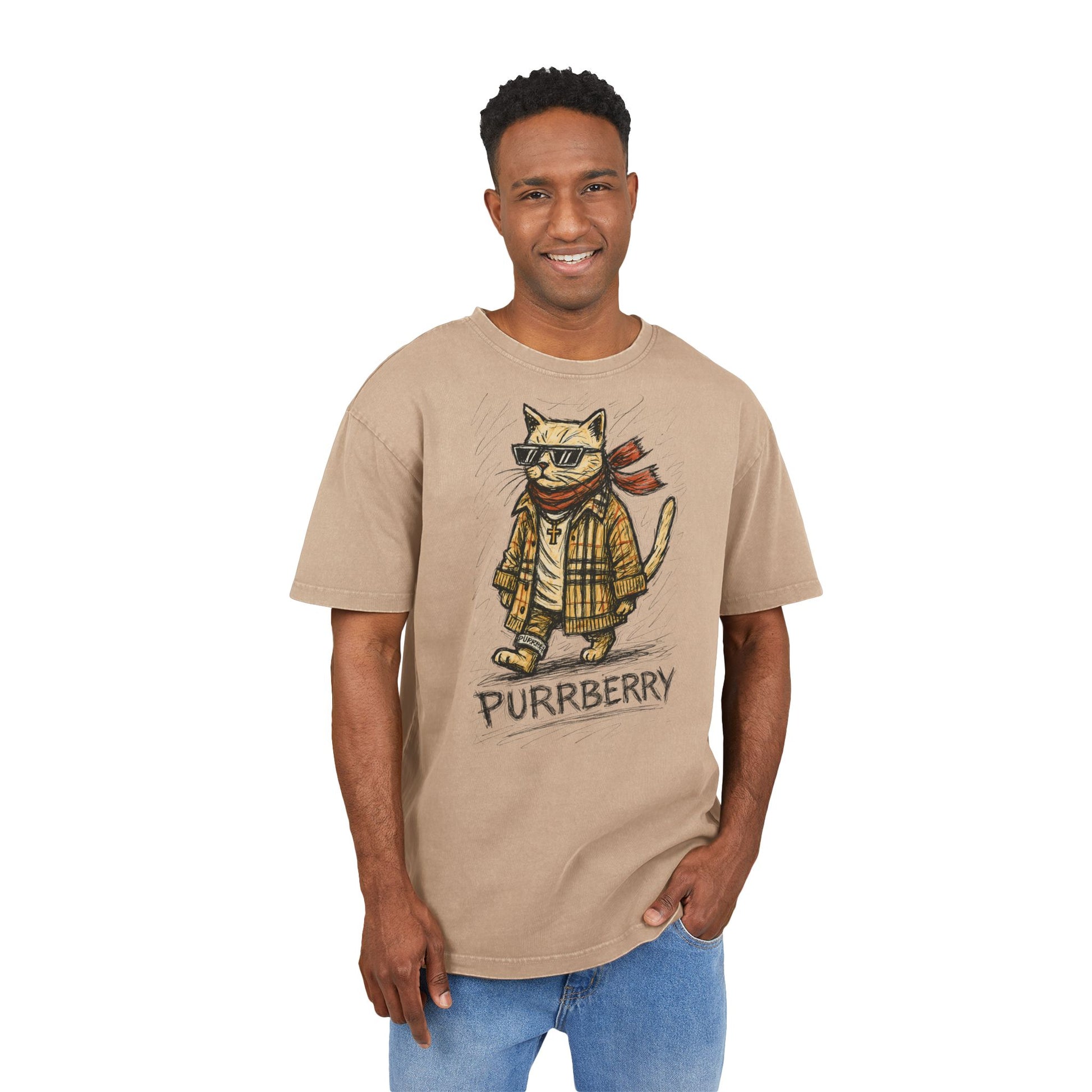 Gifts for cat dads, model wearing union beige oversized cat graphic t shirt front view