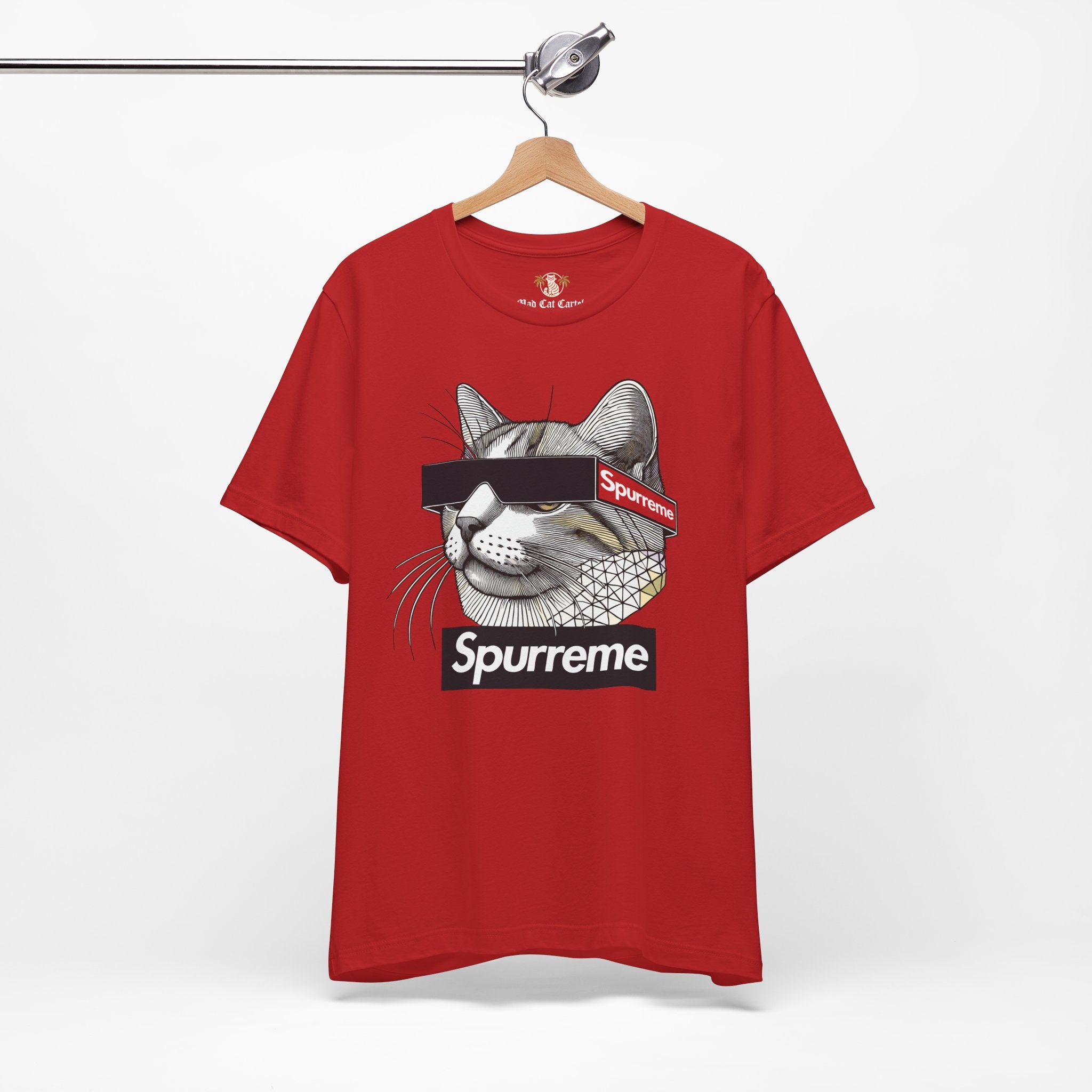 Spurreme Triangular Vision Cat Graphic T Shirt in Red on hanger, mens cat shirts