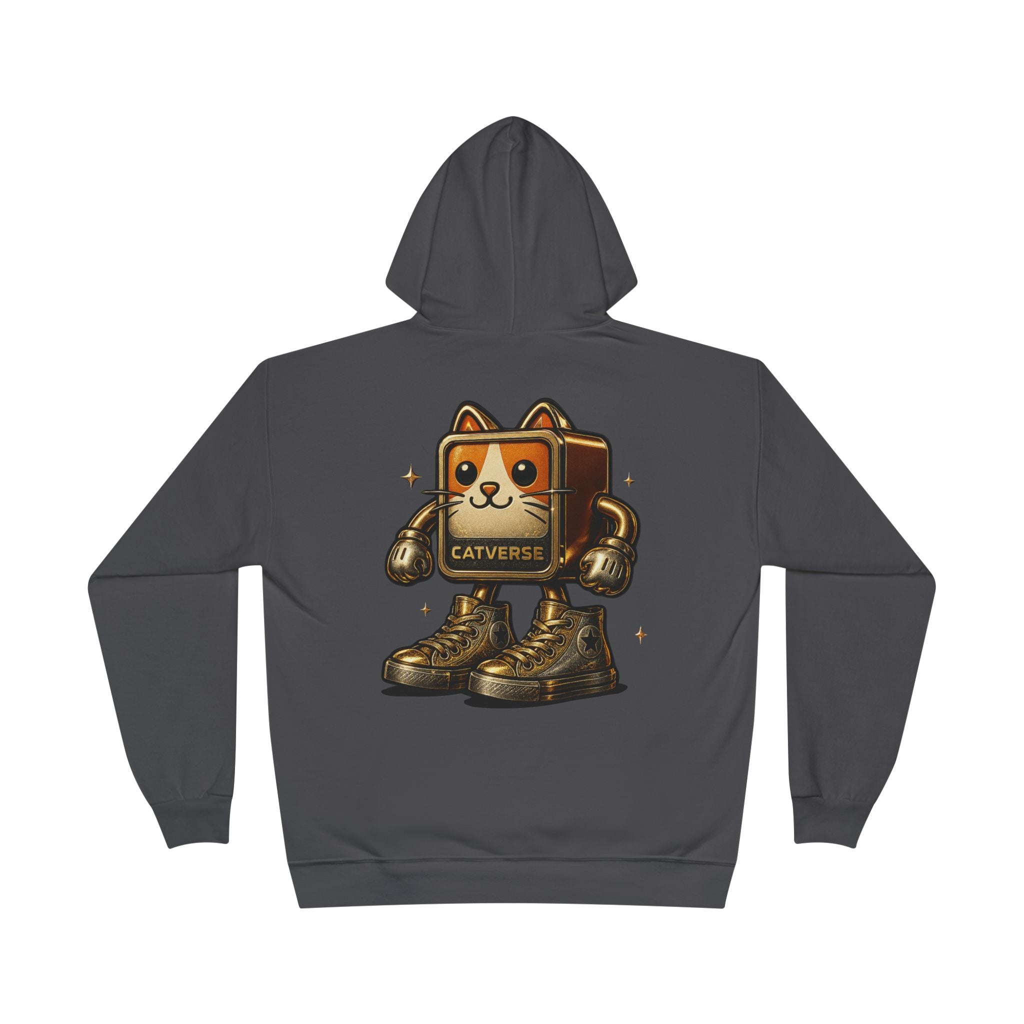 Back view of Catverse smoke grey hoodie with cat design, cat themed clothes