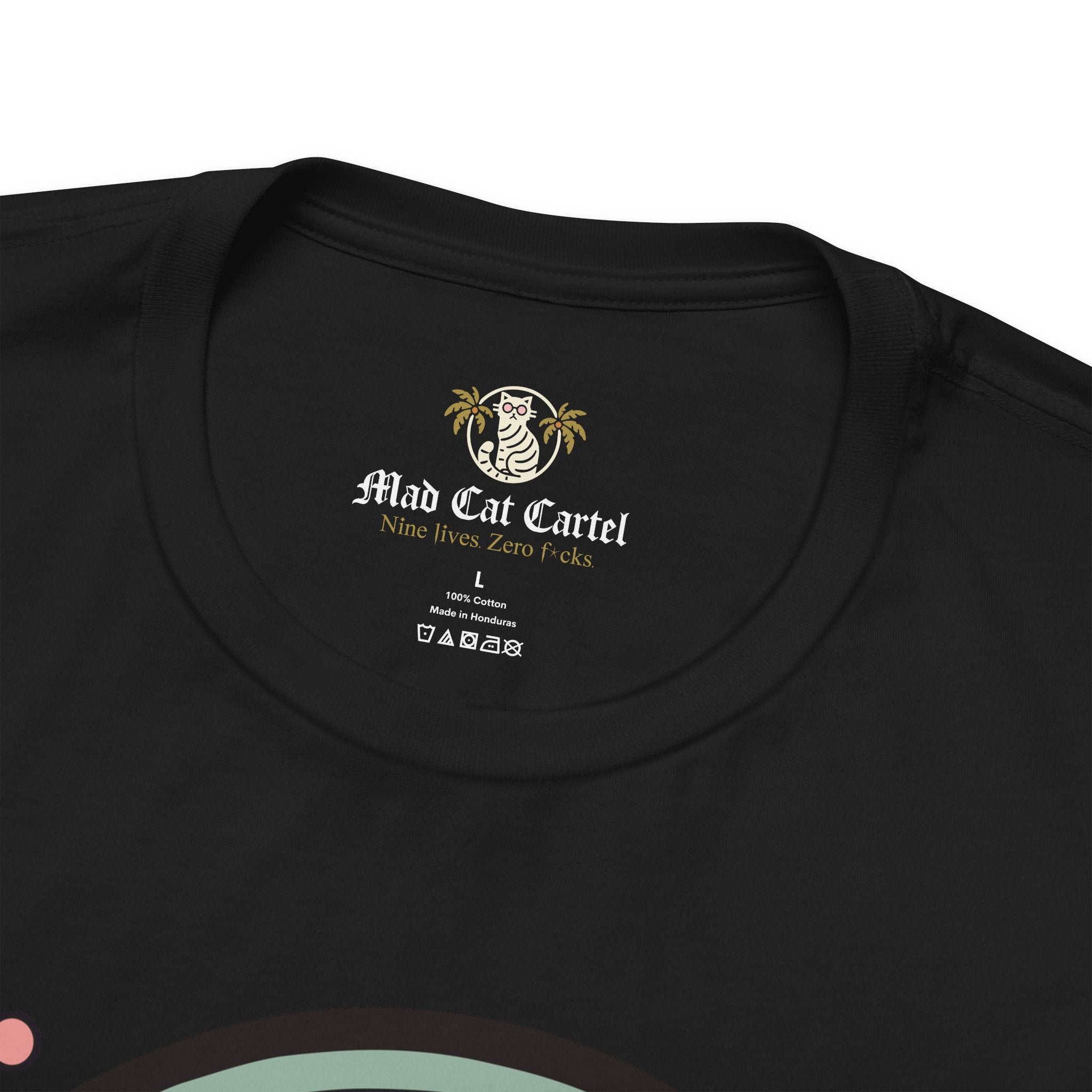 Close-up collar detail – Black Mew Mew Cosmic Graphic Retro Cat T-Shirt – cat shirts for women