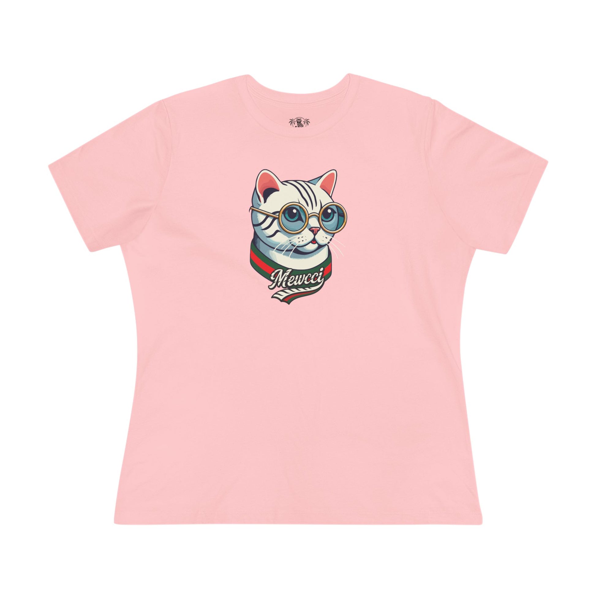 Pink womens tee Mewcci cat lady shirt front view