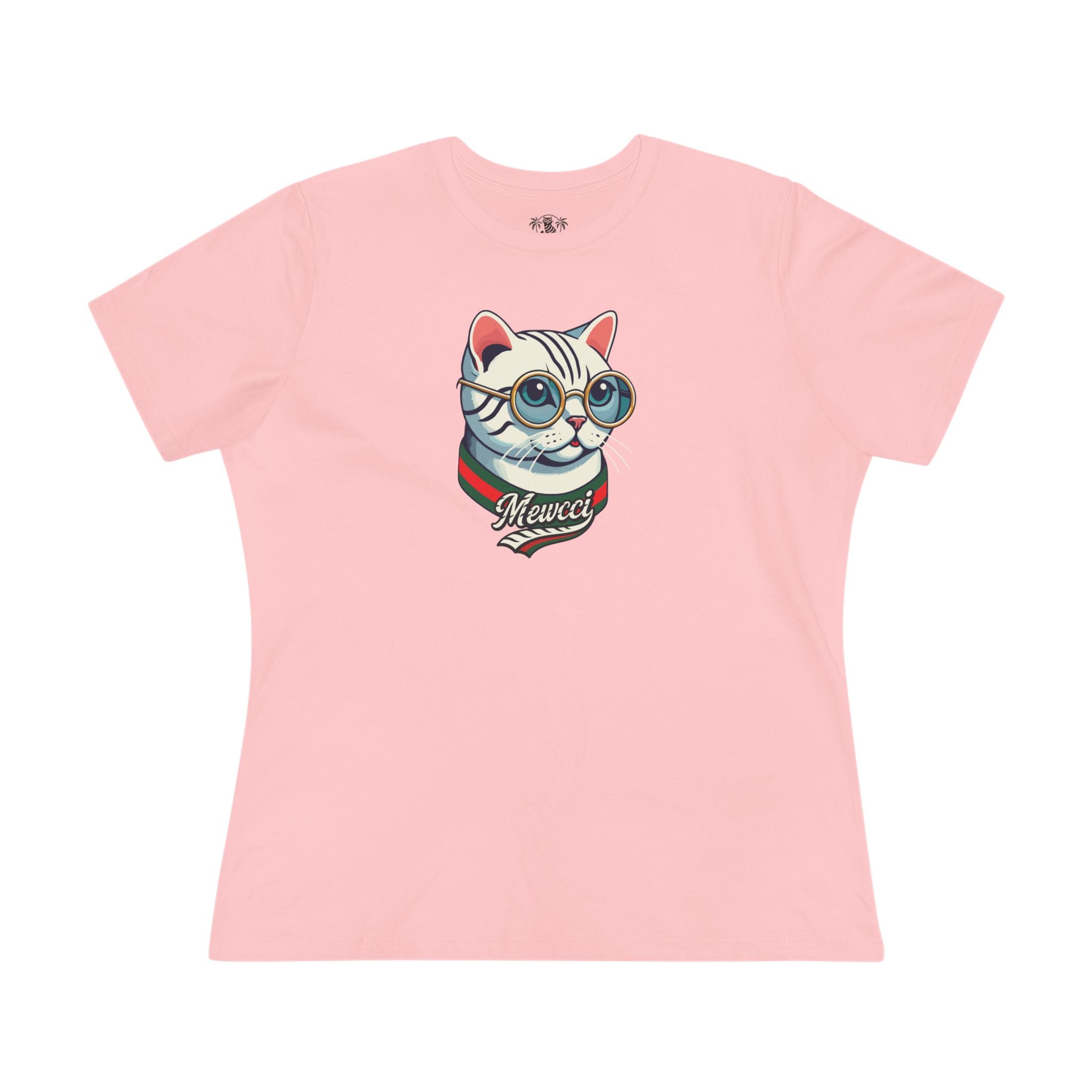 Pink womens tee Mewcci cat lady shirt front view