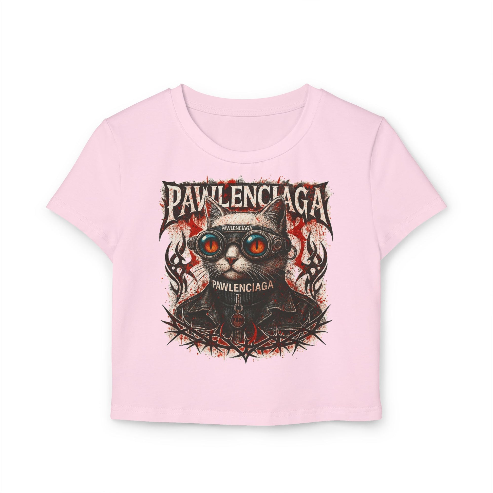 Pawlenciaga Apocalypse Cat Graphic Women's Baby Tee, pink crop top front view, cat lover tee