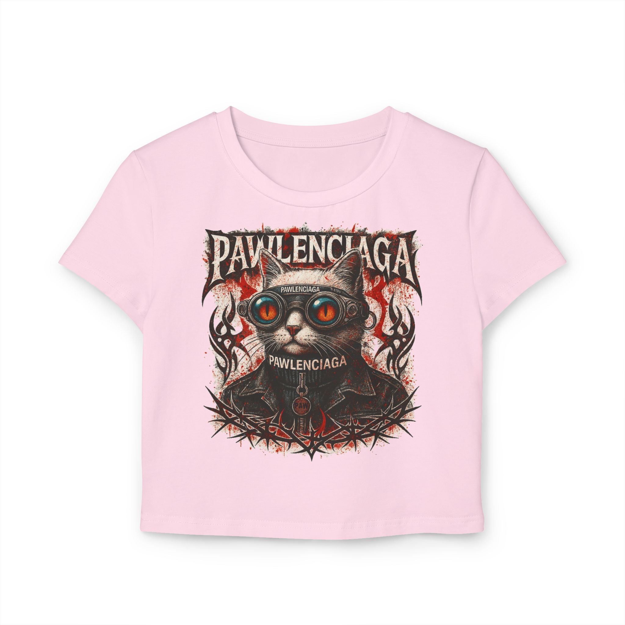 Pawlenciaga Apocalypse Cat Graphic Women's Baby Tee, pink crop top front view, cat lover tee