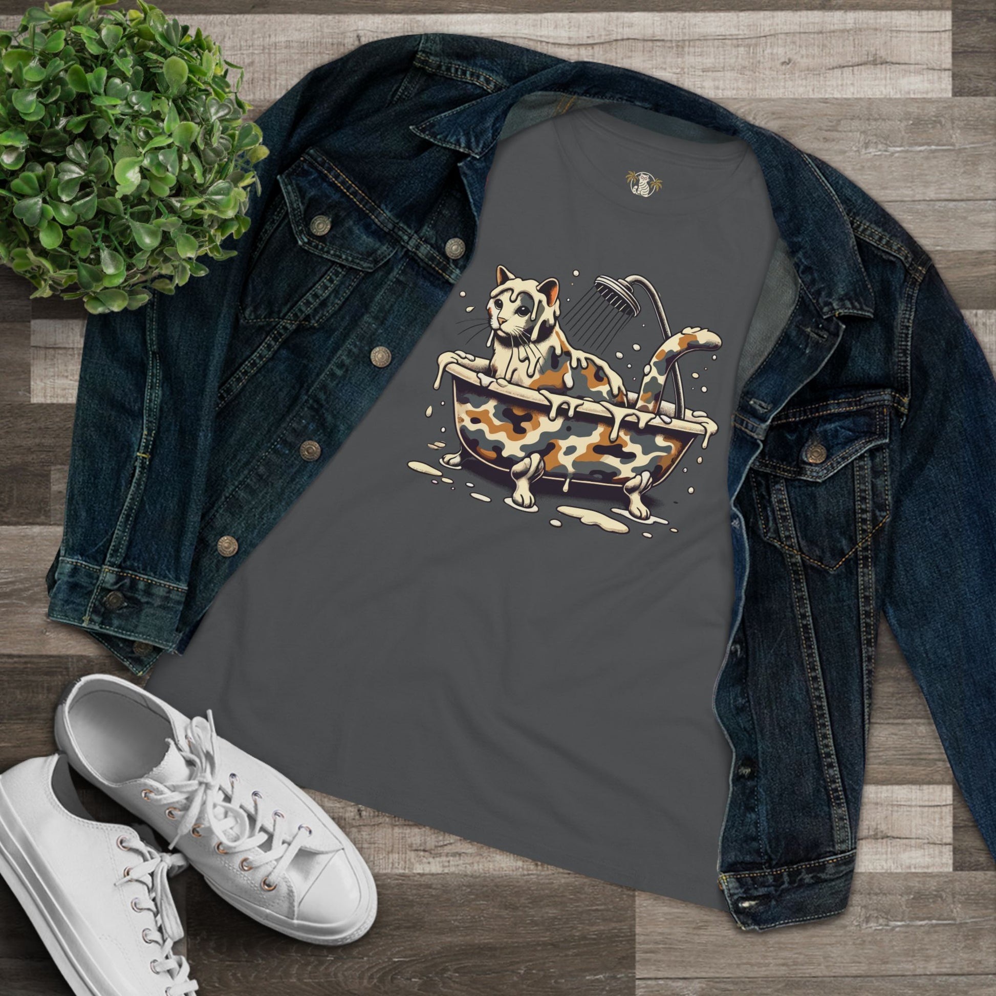 Asphalt gray cool cat shirts flat lay with denim jacket and sneakers